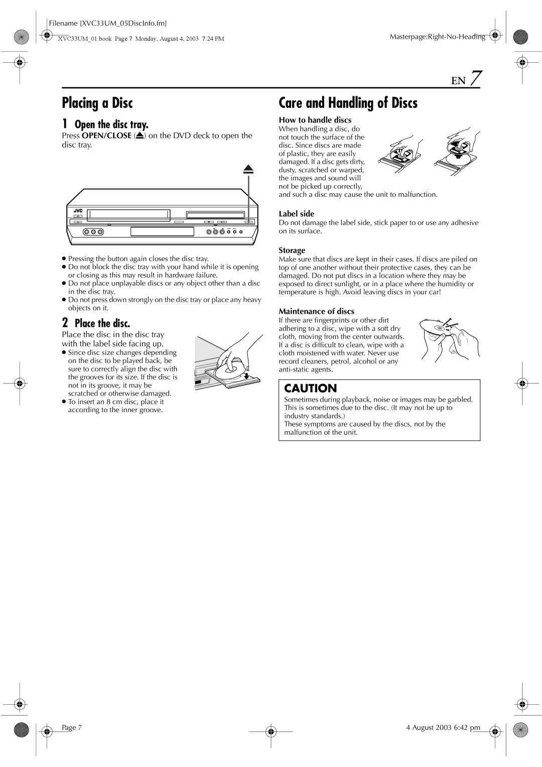 JVC HR-XVC33UM manual Placing a Disc, Care and Handling of Discs, Open the disc tray, Place the disc 