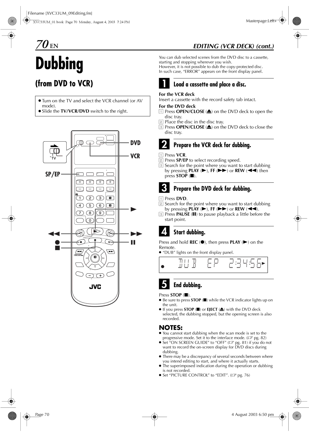 JVC HR-XVC33UM manual Dubbing, 70 EN, From DVD to VCR 