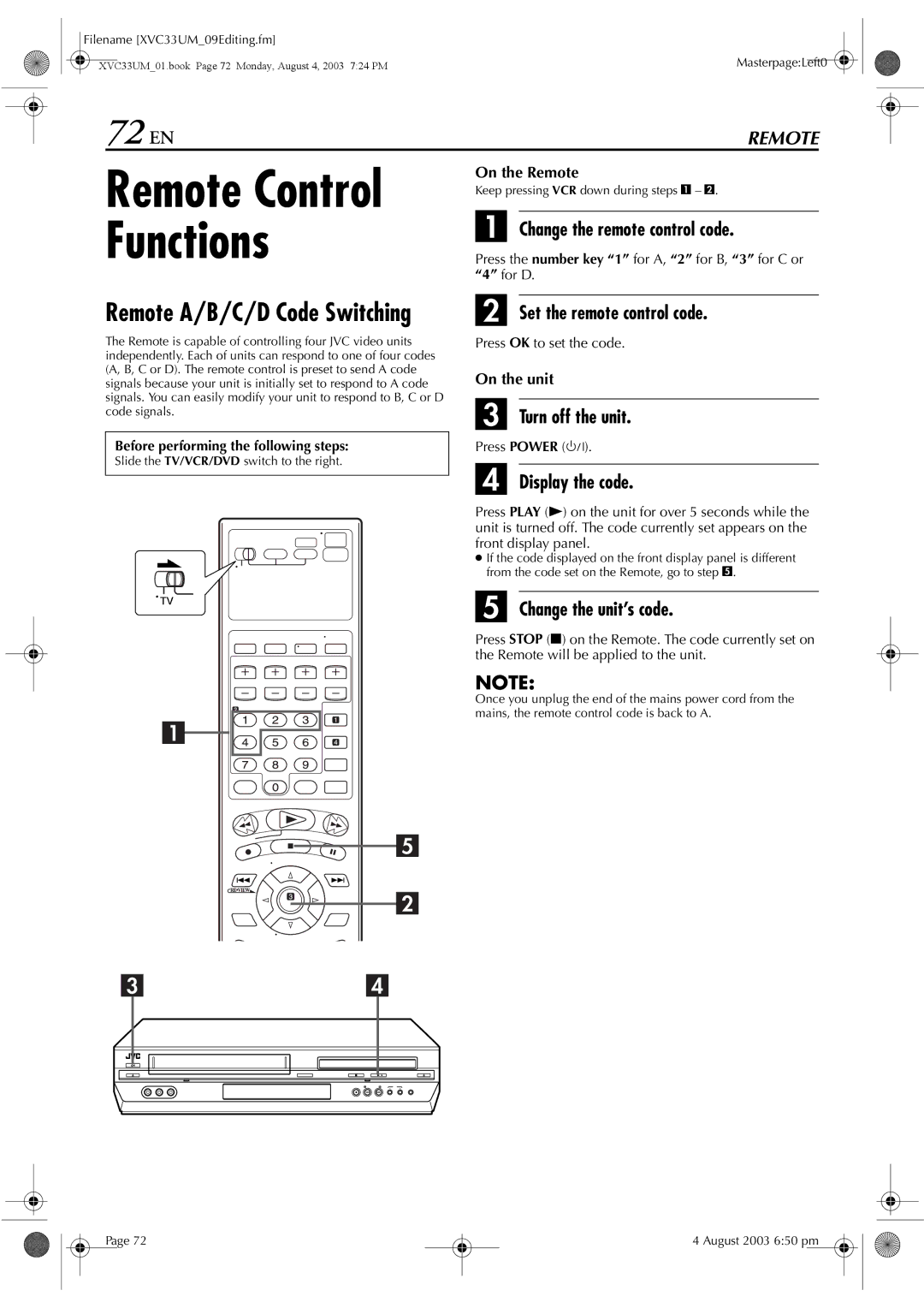 JVC HR-XVC33UM manual Functions, 72 EN 