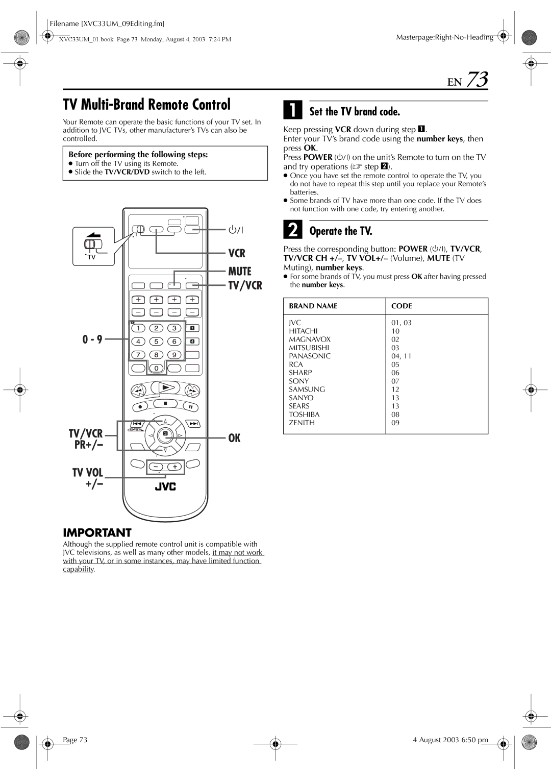 JVC HR-XVC33UM manual TV Multi-Brand Remote Control, Set the TV brand code, TV/VCR CH +/- , TV VOL+/- Volume, Mute TV 