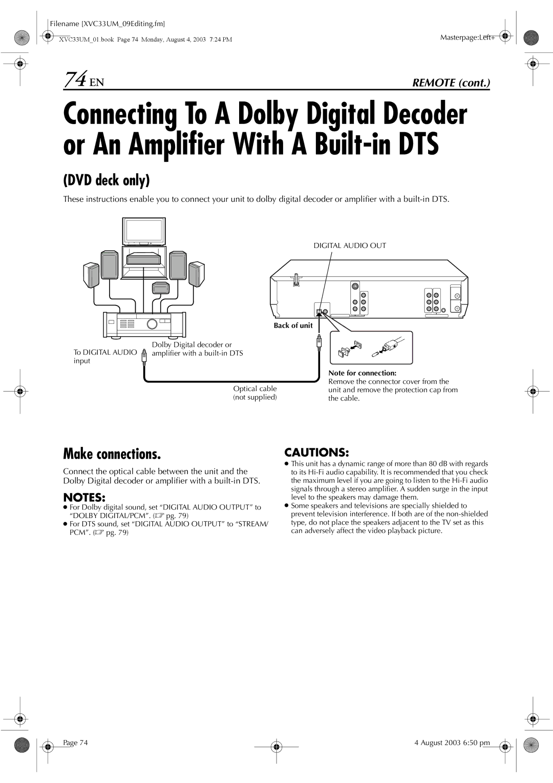 JVC HR-XVC33UM manual 74 EN, Make connections, Back of unit 