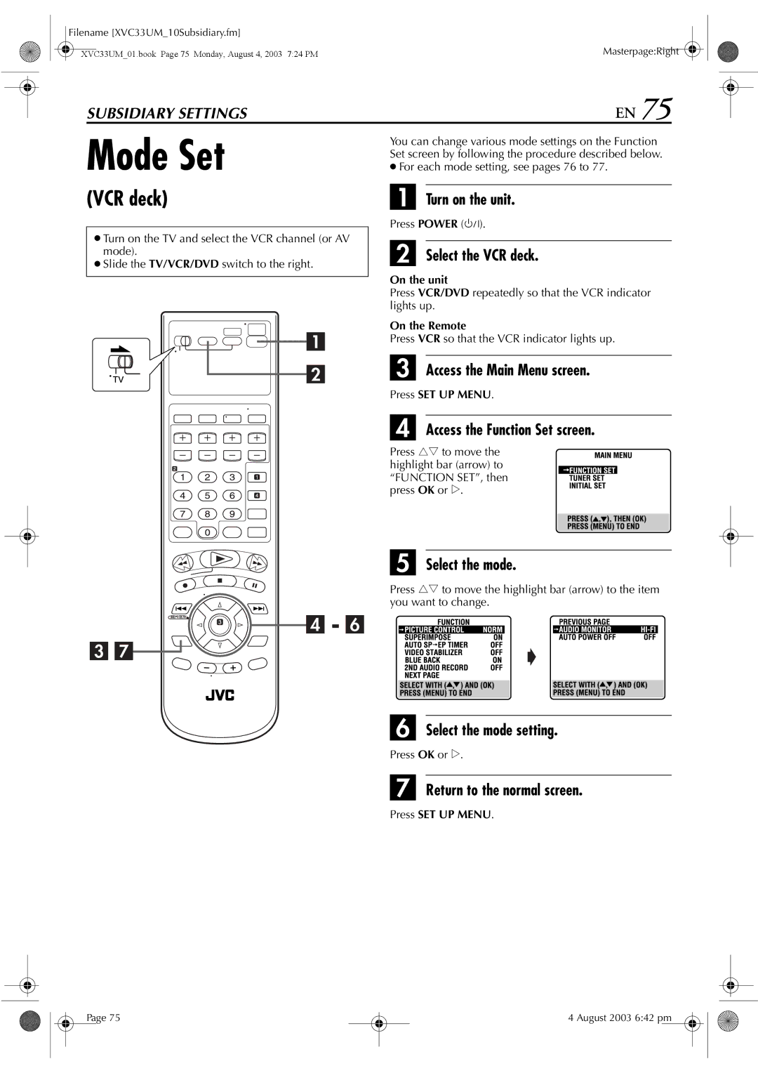 JVC HR-XVC33UM Mode Set, VCR deck, Access the Function Set screen, For each mode setting, see pages 76 to, Press OK or e 