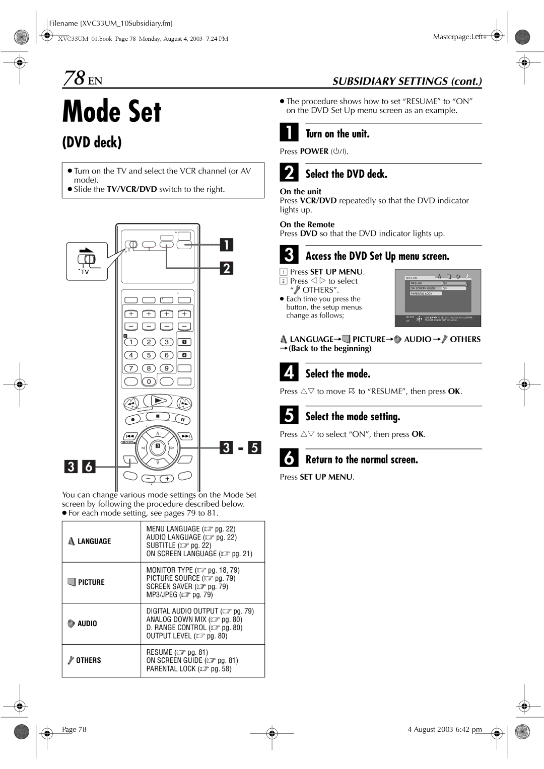 JVC HR-XVC33UM manual 78 EN, Language Picture Audio Others Back to the beginning 