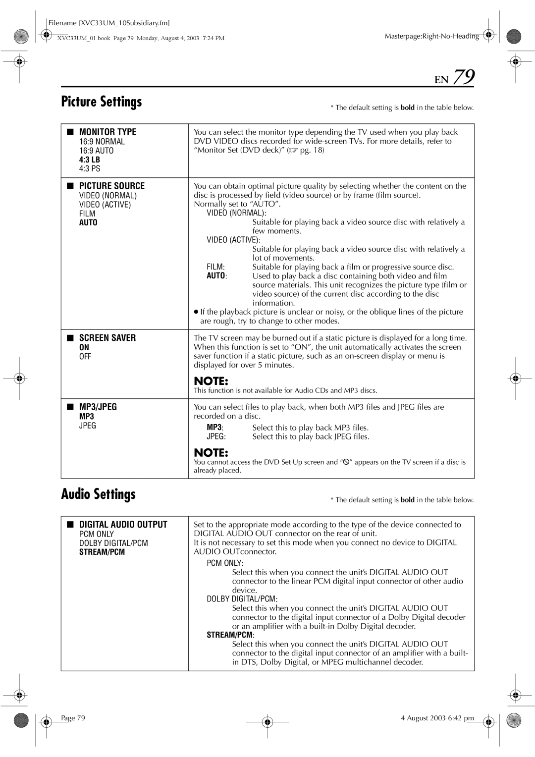 JVC HR-XVC33UM manual Picture Settings, Audio Settings 