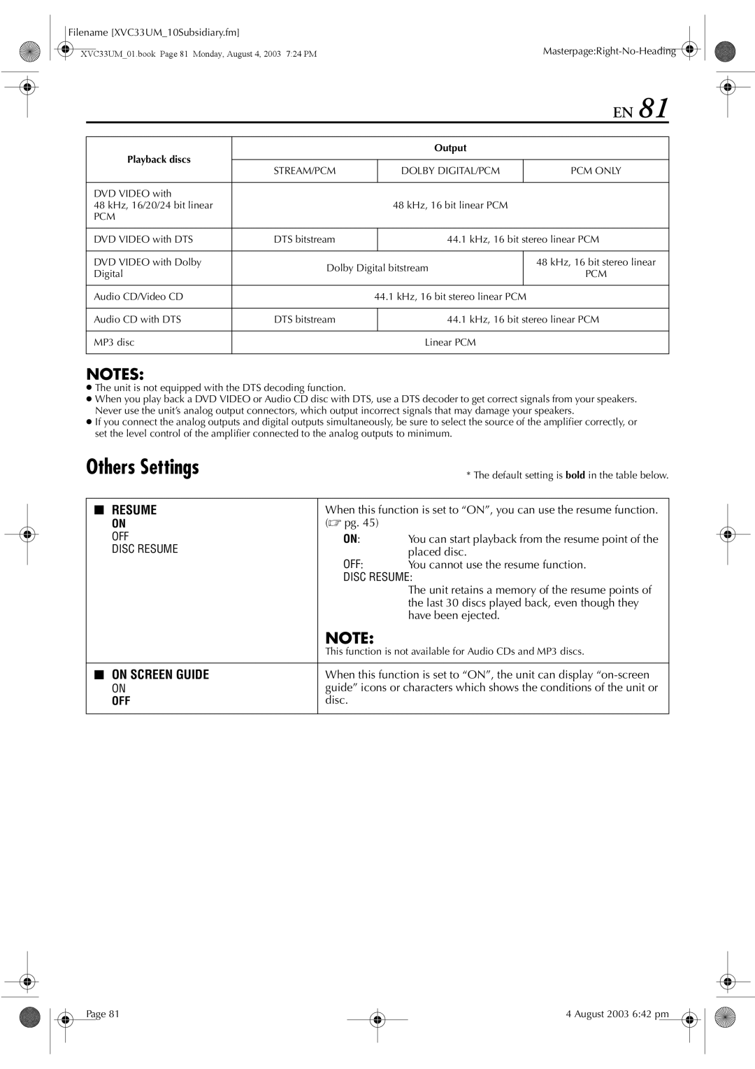 JVC HR-XVC33UM manual Others Settings 