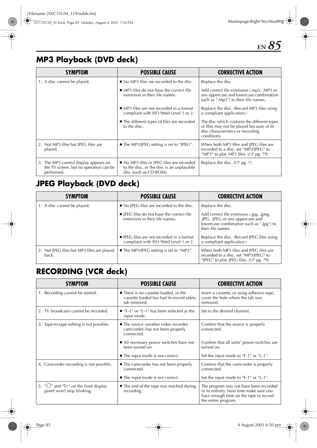 JVC HR-XVC33UM manual Such as .Mp3 to their file names, Their file names, Jpeg files are not recorded in a format 