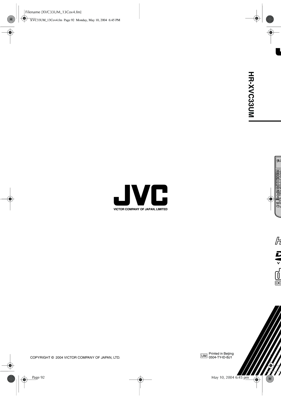 JVC HR-XVC33UM manual Filename XVC33UM13Cov4.fm, May 10, 2004 645 pm 