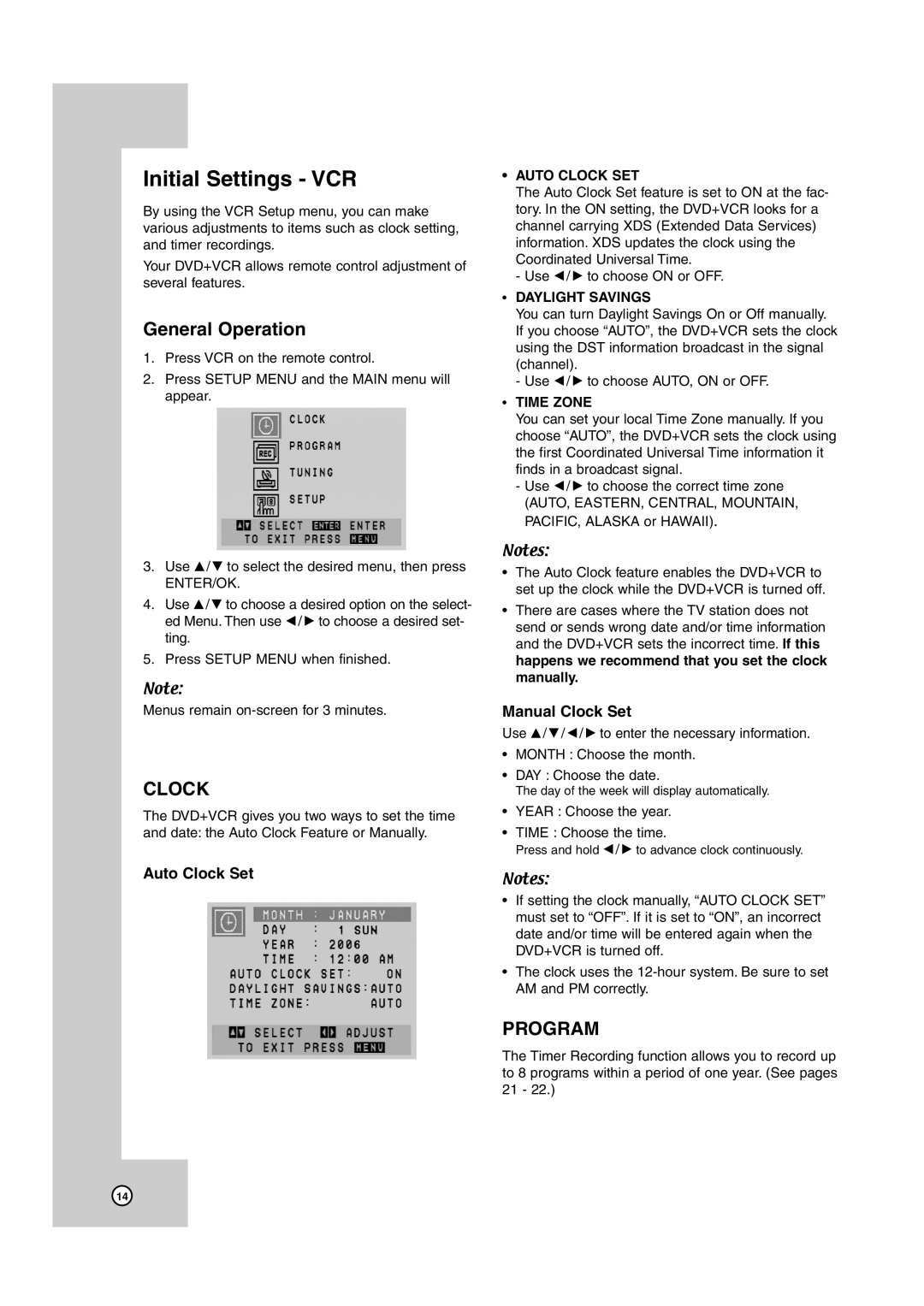 JVC HR-XVC38BU, HR-XVC39SU manual Initial Settings VCR, General Operation, Auto Clock Set, Manual Clock Set 