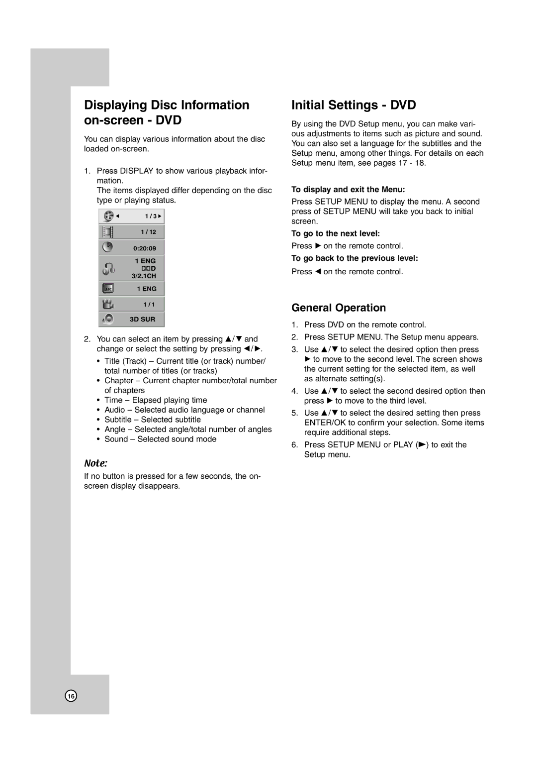 JVC HR-XVC38BU, HR-XVC39SU manual Initial Settings DVD, To display and exit the Menu, To go to the next level 