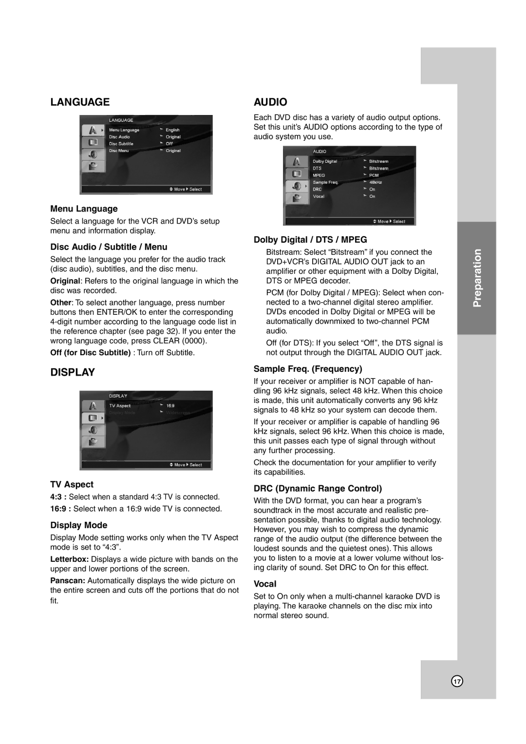 JVC HR-XVC39SU Menu Language, Disc Audio / Subtitle / Menu, TV Aspect, Display Mode, Dolby Digital / DTS / Mpeg, Vocal 