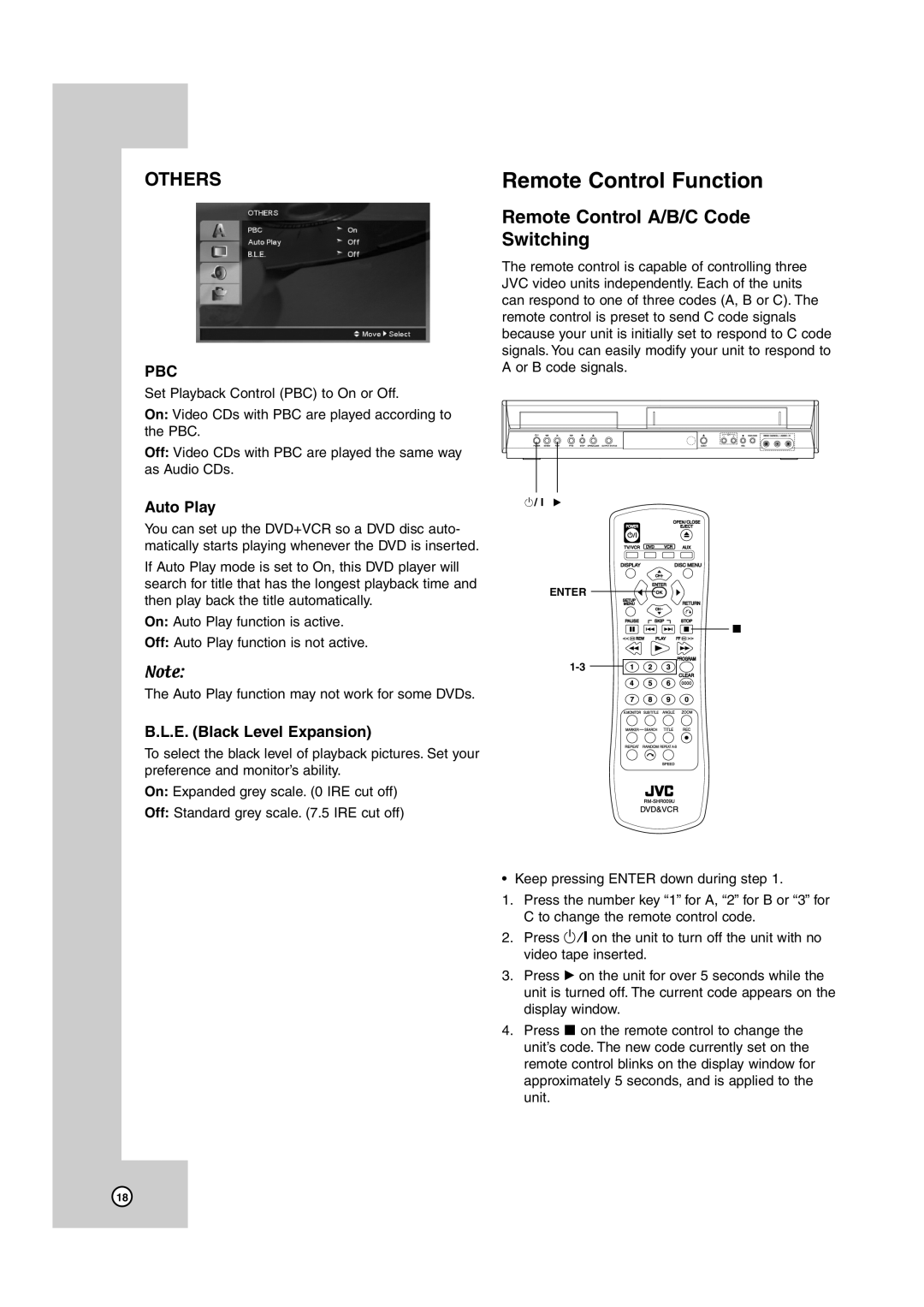 JVC HR-XVC38BU manual Remote Control Function, Remote Control A/B/C Code Switching, Auto Play, E. Black Level Expansion 