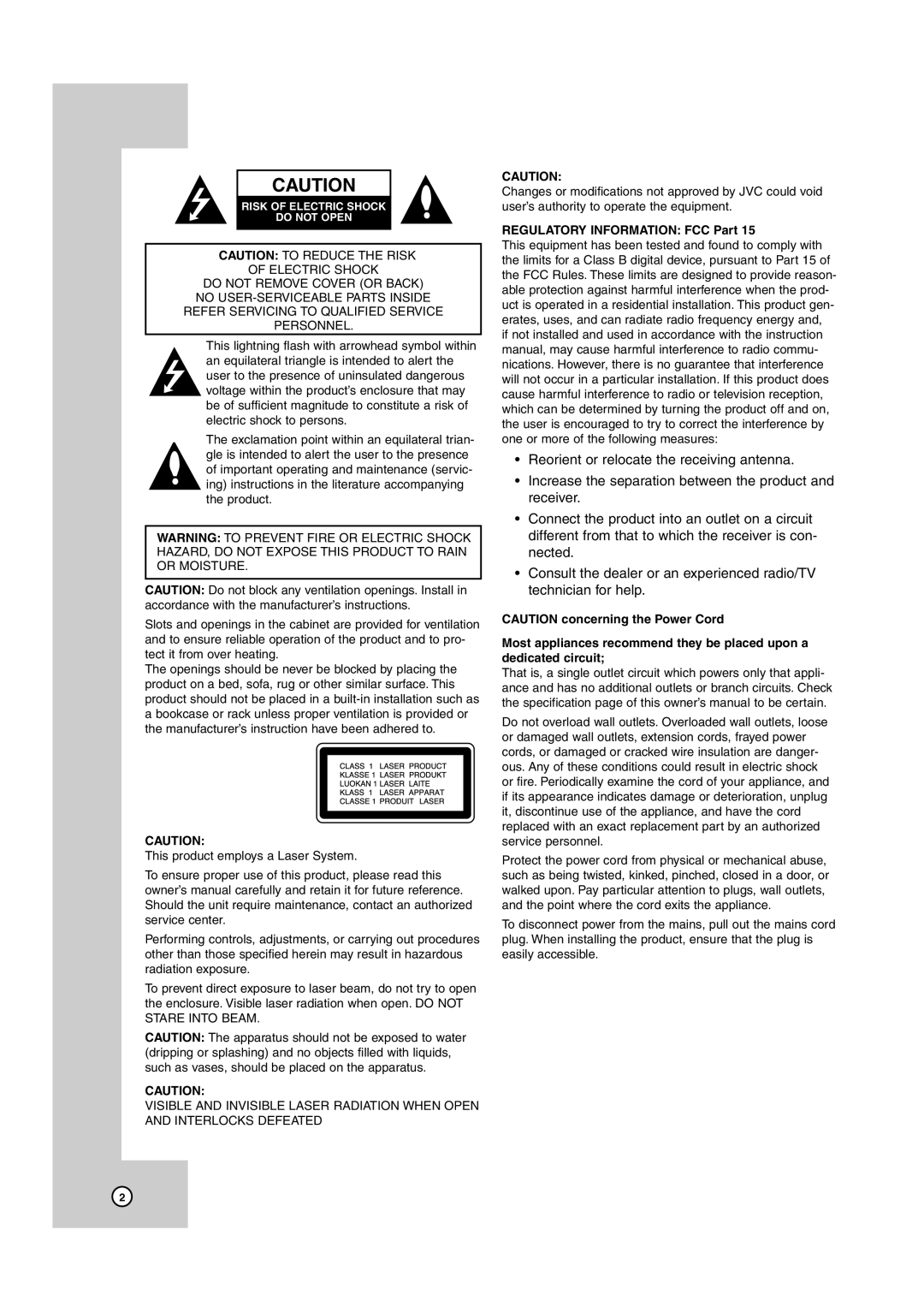 JVC HR-XVC38BU, HR-XVC39SU manual Regulatory Information FCC Part 