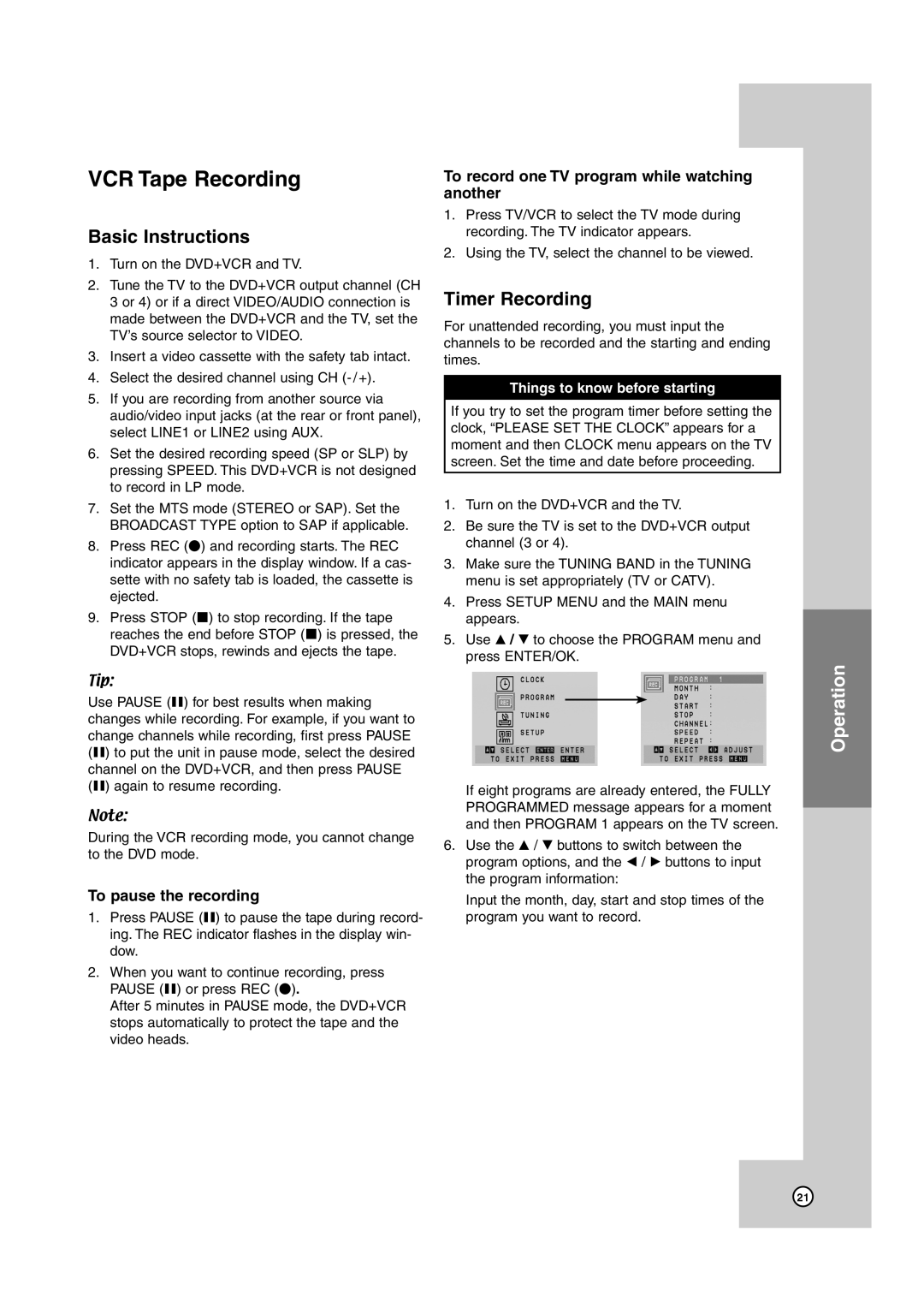 JVC HR-XVC39SU, HR-XVC38BU manual VCR Tape Recording, Basic Instructions, Timer Recording, To pause the recording 