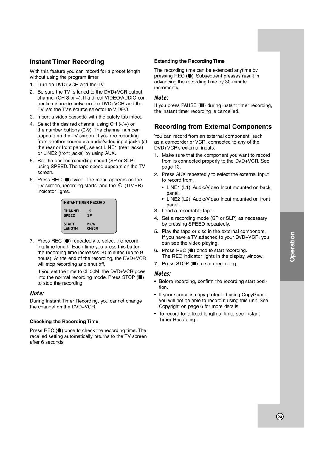 JVC HR-XVC39SU, HR-XVC38BU manual Instant Timer Recording, Recording from External Components, Checking the Recording Time 