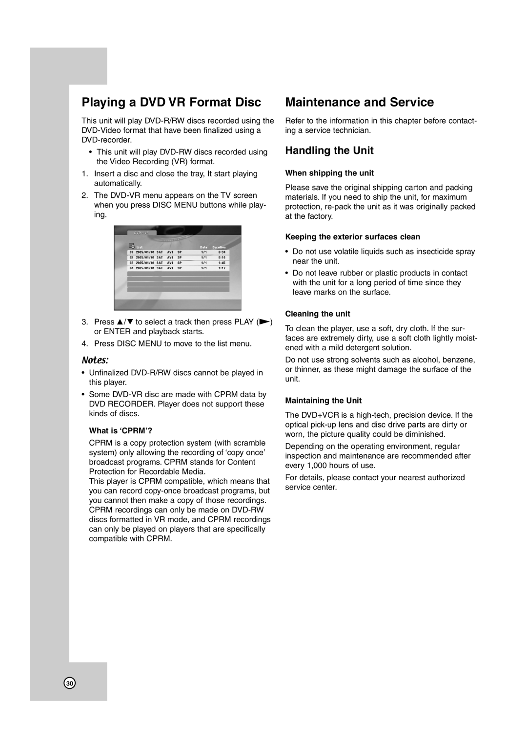 JVC HR-XVC38BU, HR-XVC39SU manual Playing a DVD VR Format Disc, Maintenance and Service, Handling the Unit 