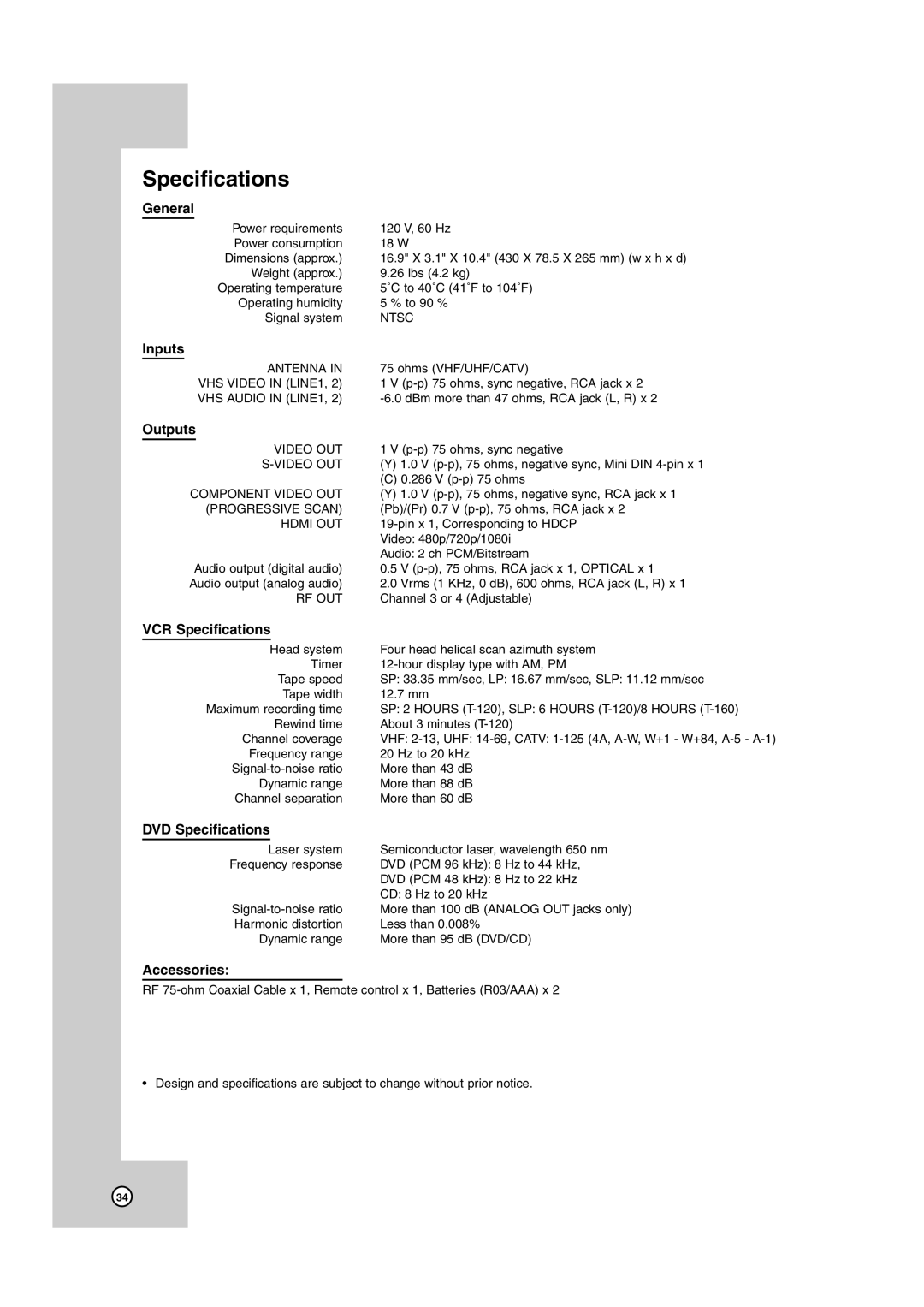 JVC HR-XVC38BU, HR-XVC39SU manual Specifications 