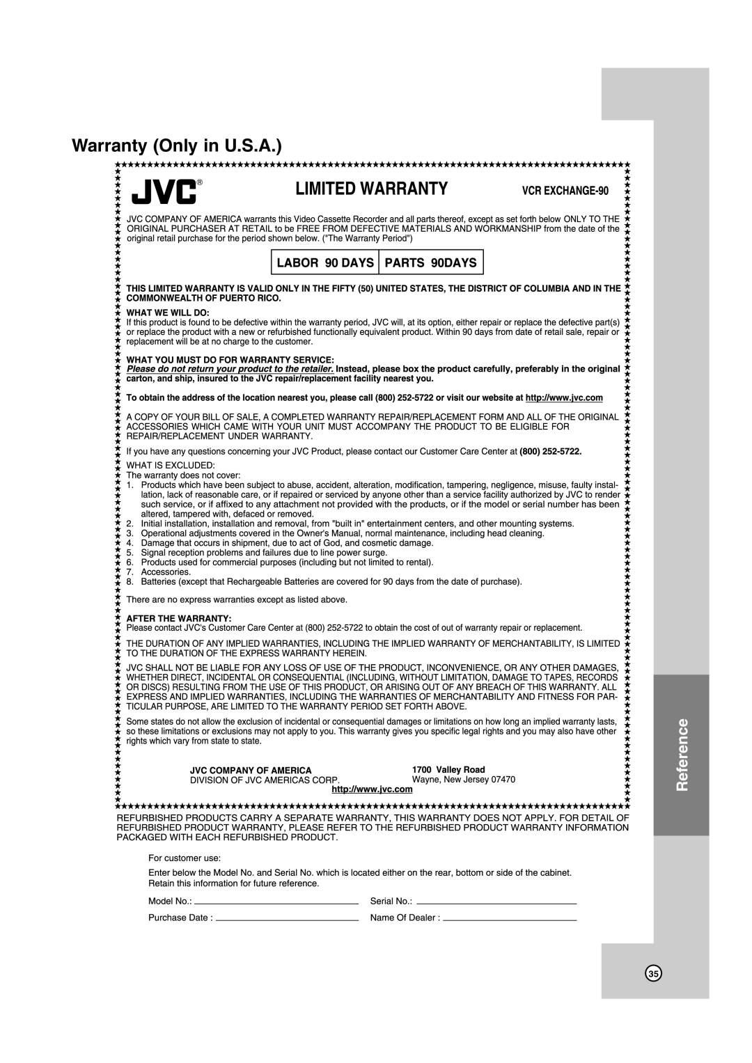 JVC HR-XVC39SU, HR-XVC38BU manual Warranty Only in U.S.A 