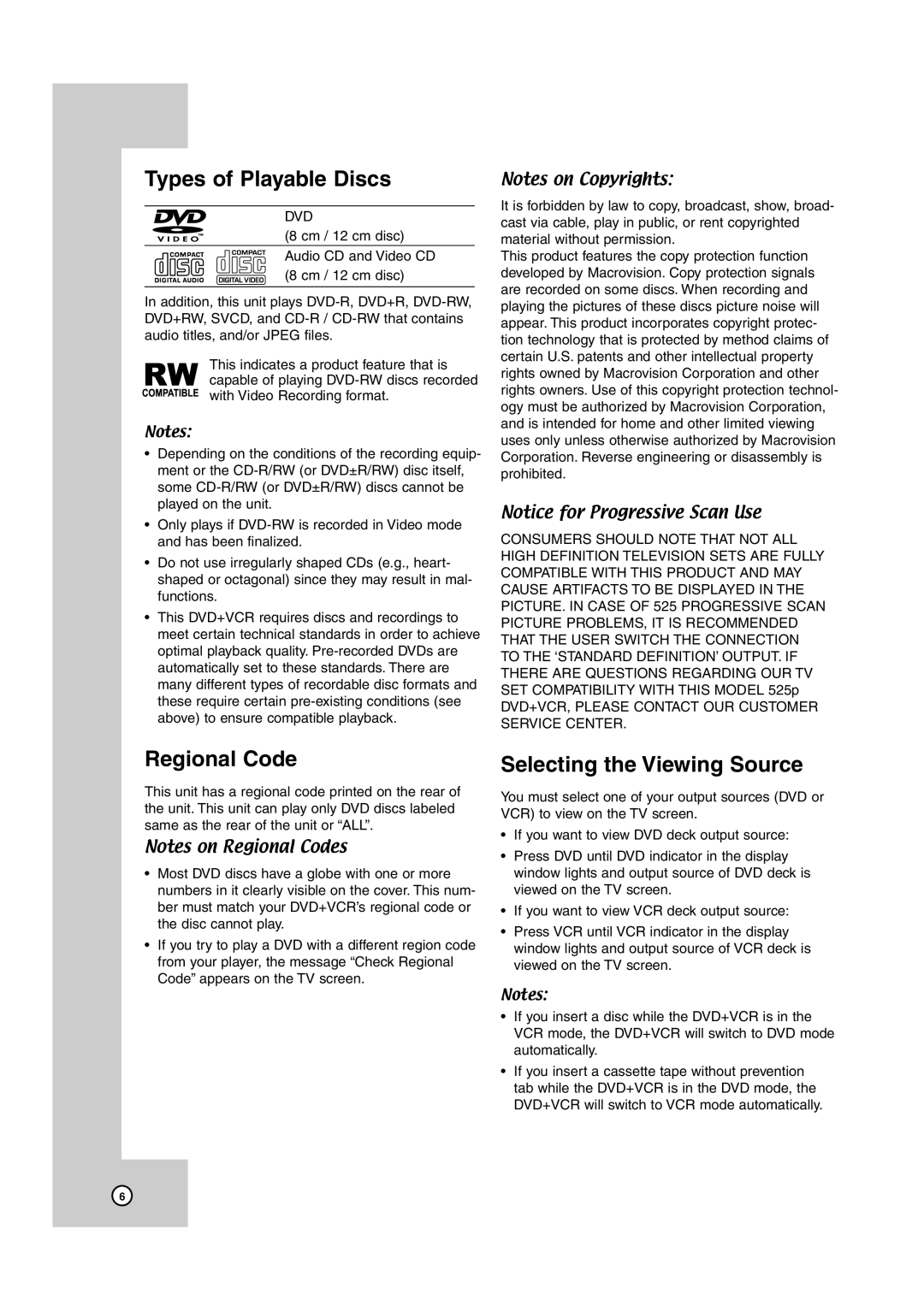 JVC HR-XVC38BU, HR-XVC39SU manual Types of Playable Discs, Regional Code, Selecting the Viewing Source 