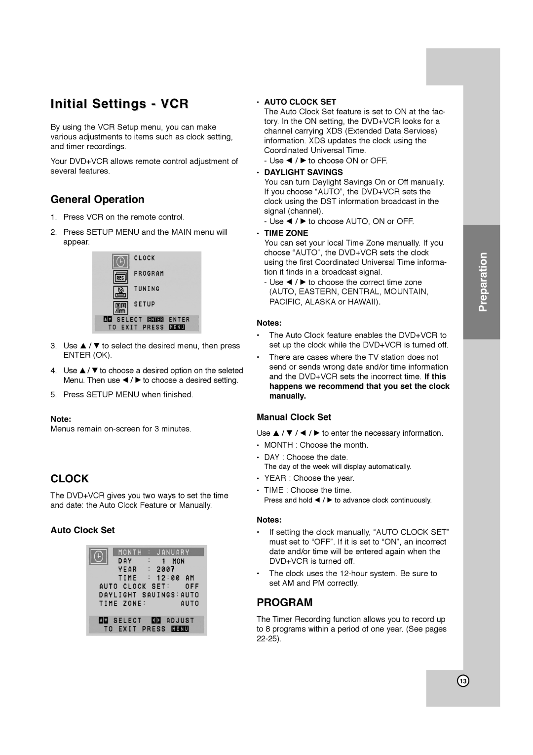 JVC HR-XVC40B, HR-XVC41S manual Initial Settings VCR, General Operation, Auto Clock Set, Manual Clock Set 