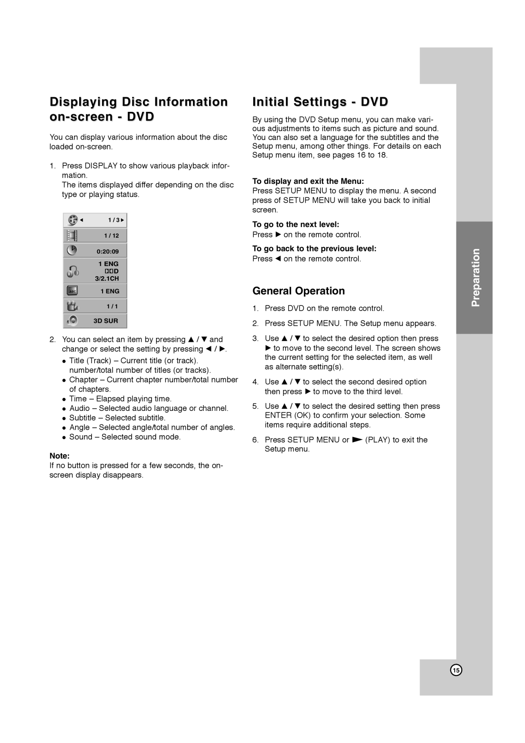 JVC HR-XVC40B, HR-XVC41S Displaying Disc Information on-screen DVD, Initial Settings DVD, To display and exit the Menu 