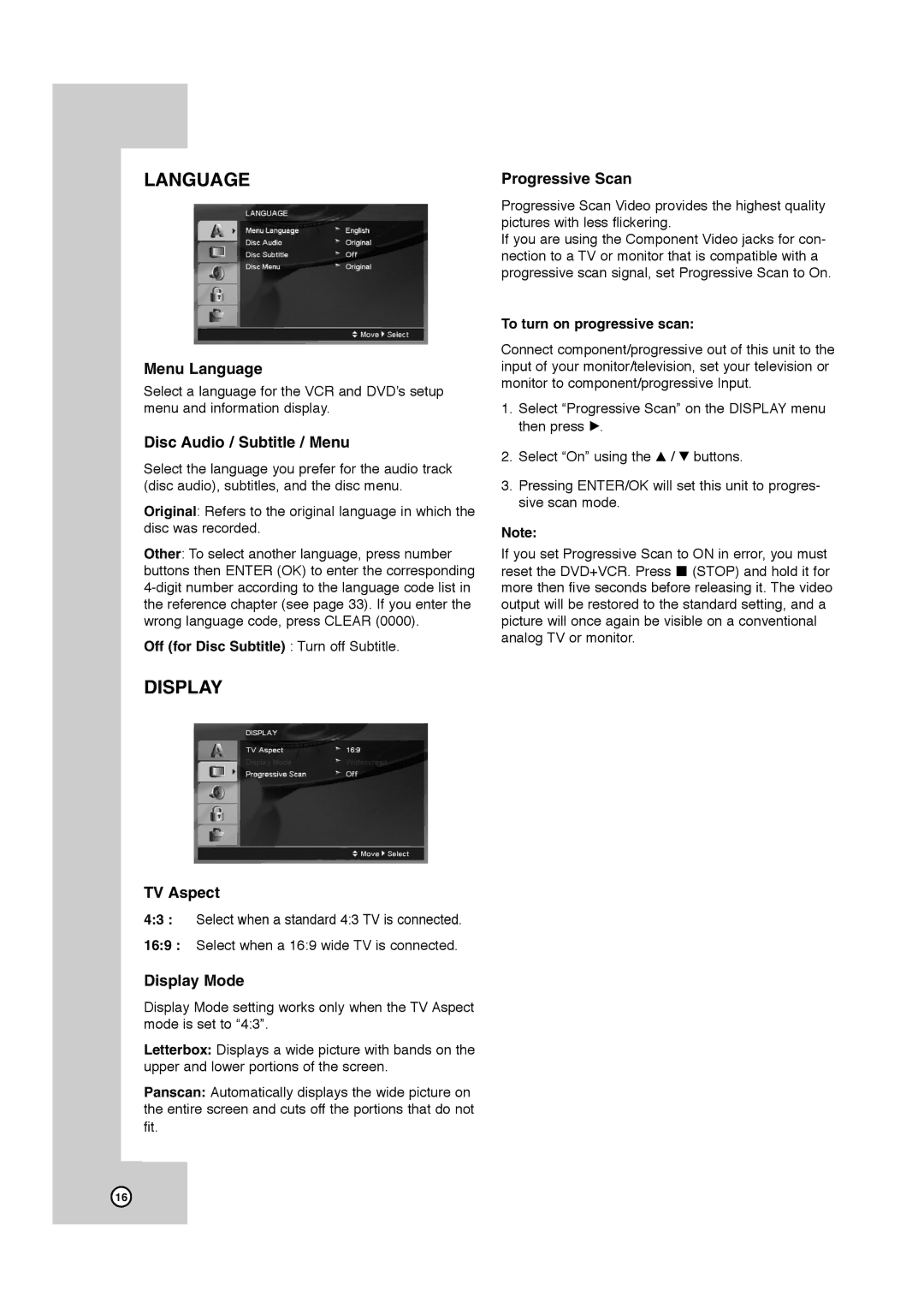 JVC HR-XVC41S, HR-XVC40B manual Menu Language, Disc Audio / Subtitle / Menu, TV Aspect, Display Mode, Progressive Scan 