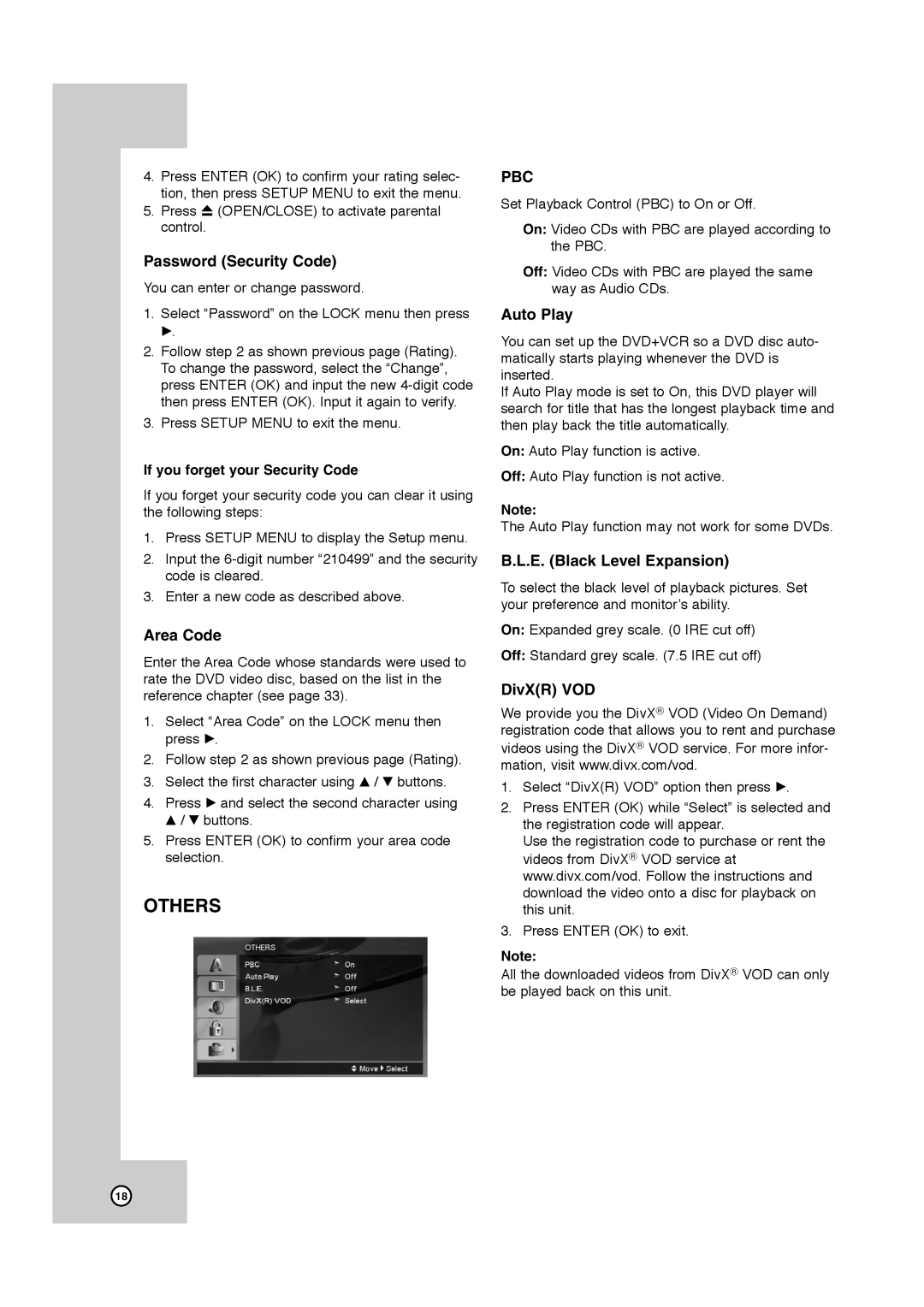 JVC HR-XVC41S, HR-XVC40B manual Password Security Code, Area Code, Auto Play, E. Black Level Expansion, DivXR VOD 