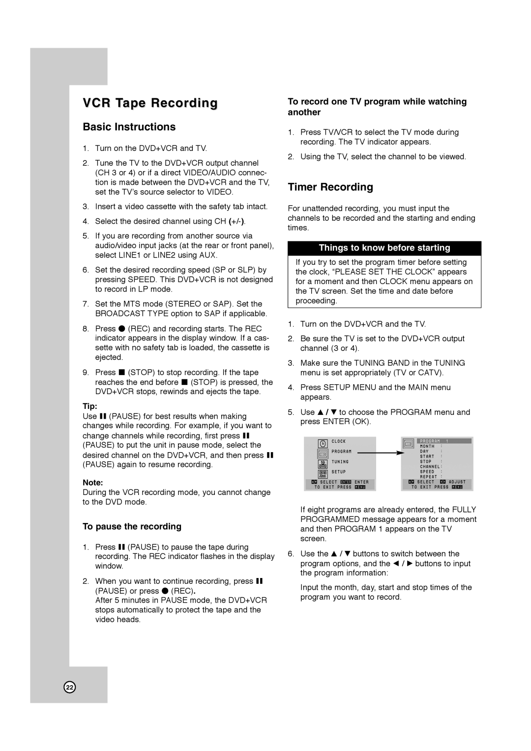 JVC HR-XVC41S, HR-XVC40B manual VCR Tape Recording, Basic Instructions, Timer Recording, To pause the recording 