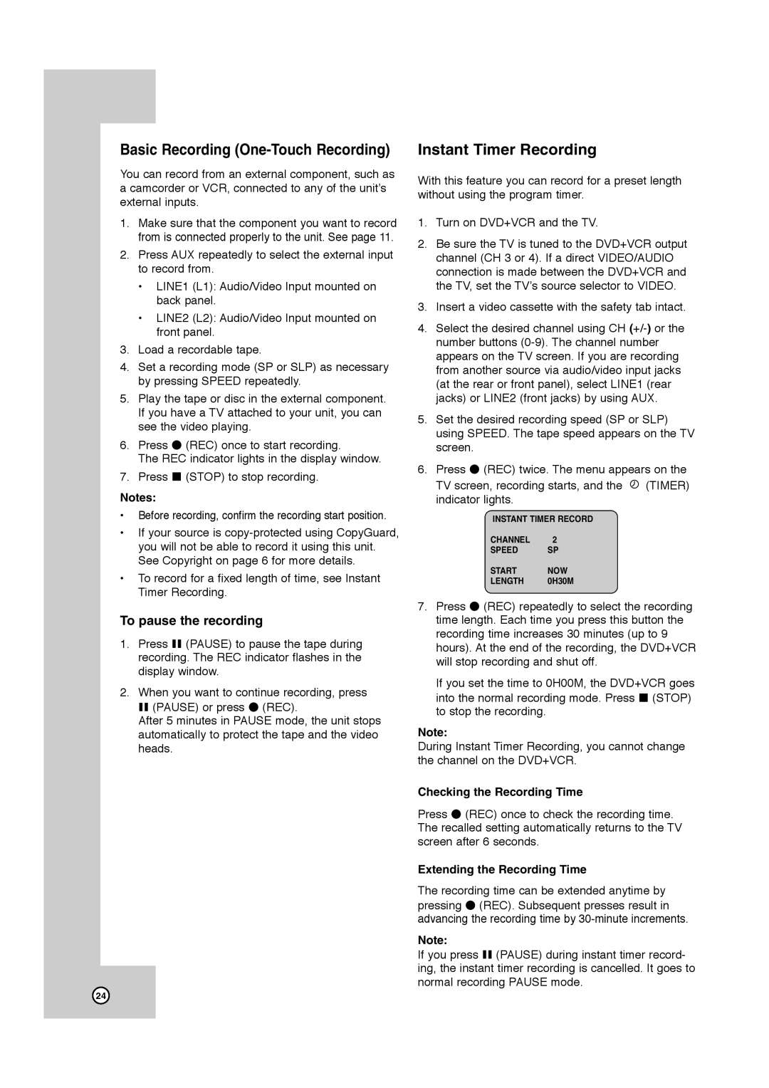 JVC HR-XVC41S, HR-XVC40B manual Instant Timer Recording, Checking the Recording Time, Extending the Recording Time 