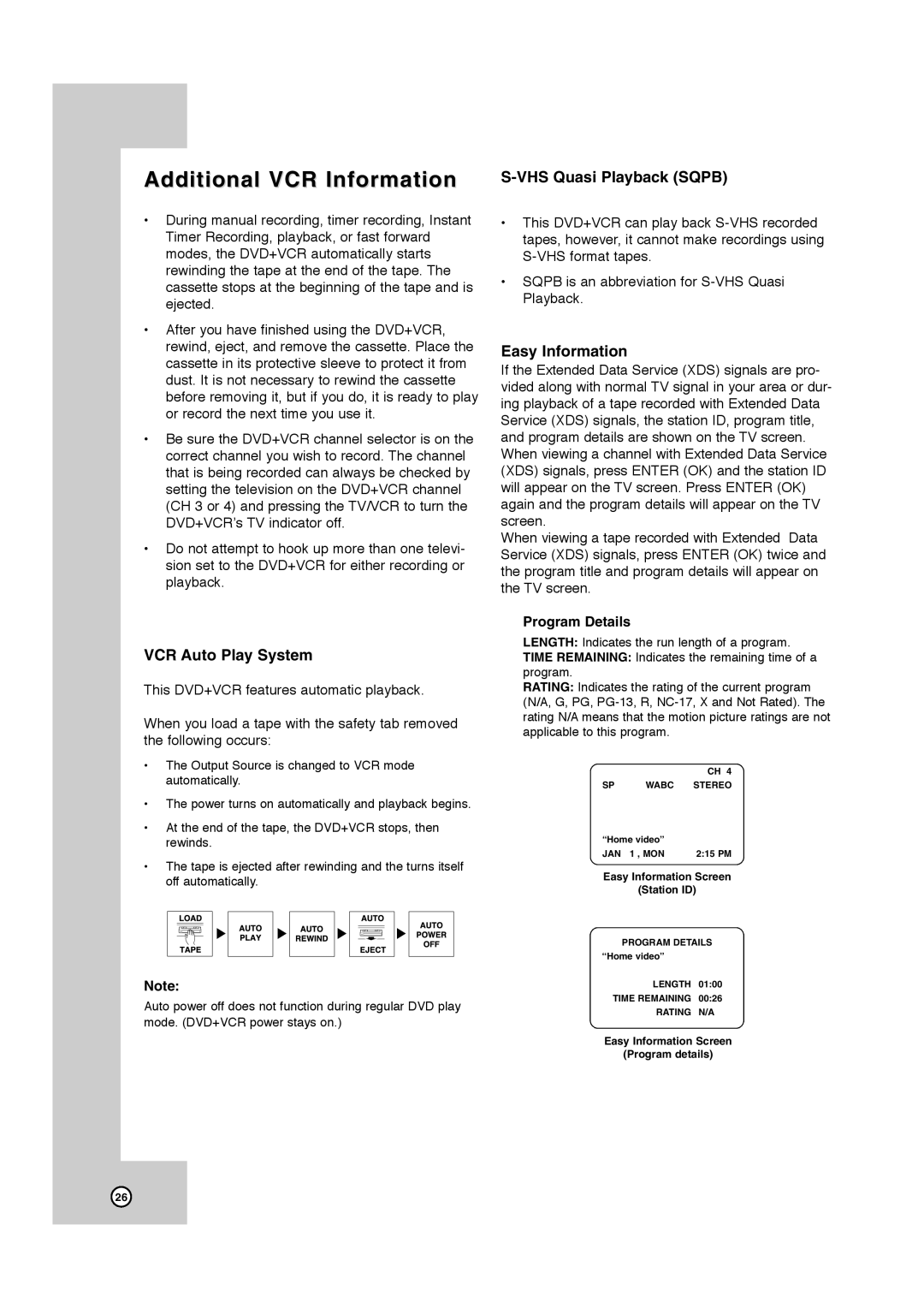 JVC HR-XVC41S Additional VCR Information, VCR Auto Play System, VHS Quasi Playback Sqpb, Easy Information, Program Details 