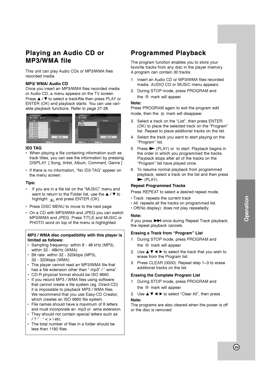 JVC HR-XVC40B, HR-XVC41S manual Playing an Audio CD or MP3/WMA file, Programmed Playback, ID3 TAG 