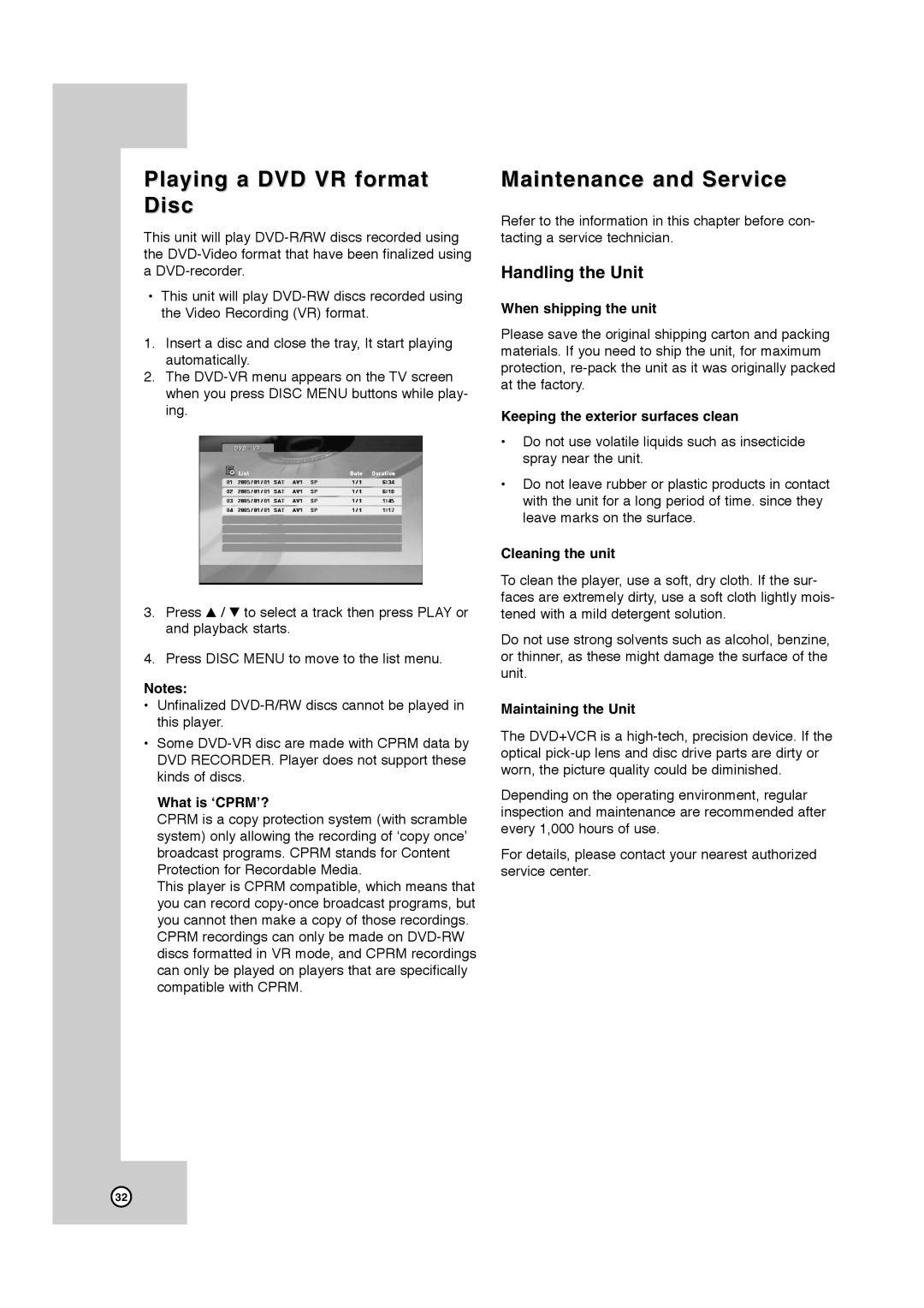 JVC HR-XVC41S, HR-XVC40B manual Playing a DVD VR format Disc, Maintenance and Service 