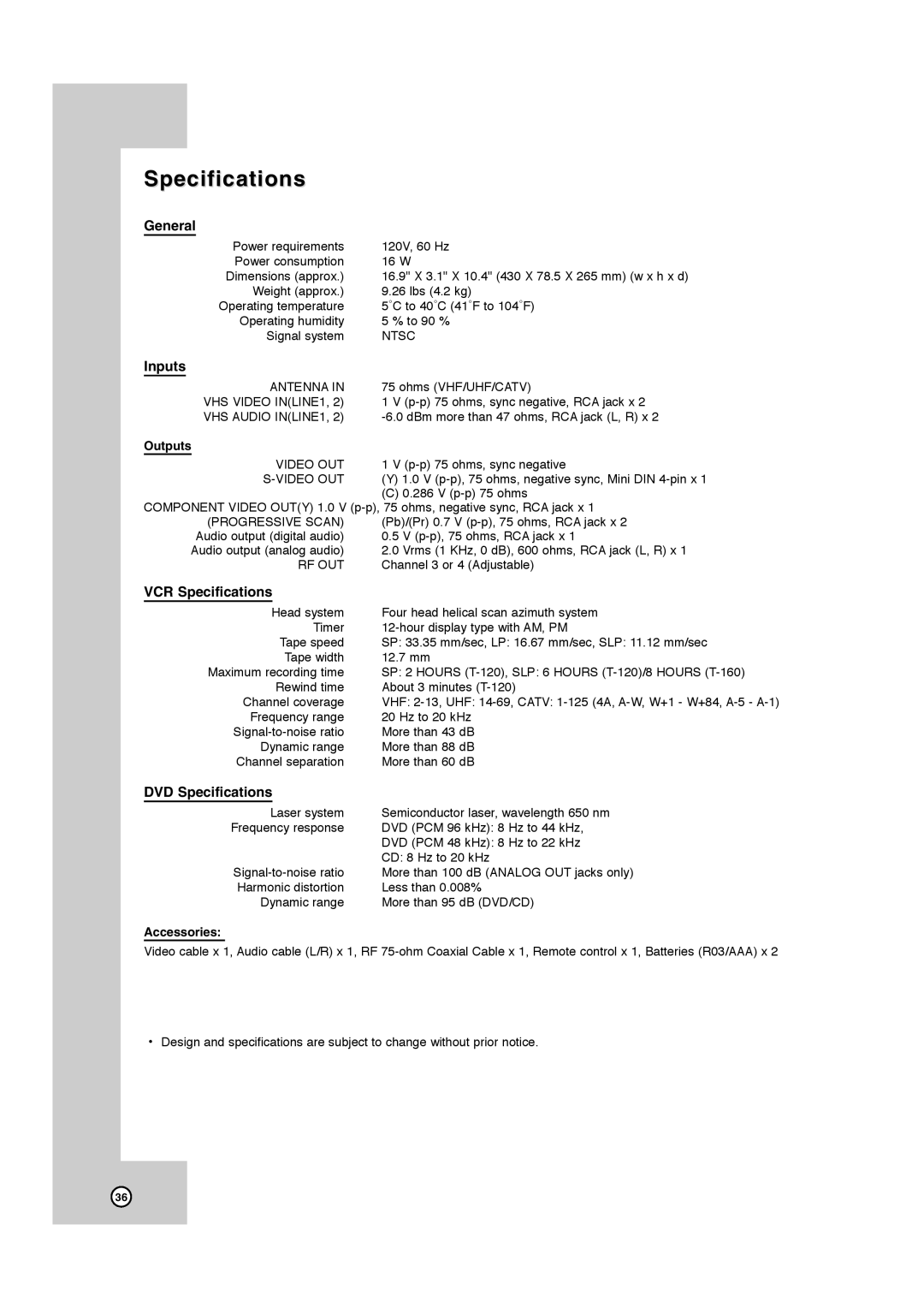 JVC HR-XVC41S, HR-XVC40B manual General, Inputs, VCR Specifications, DVD Specifications 