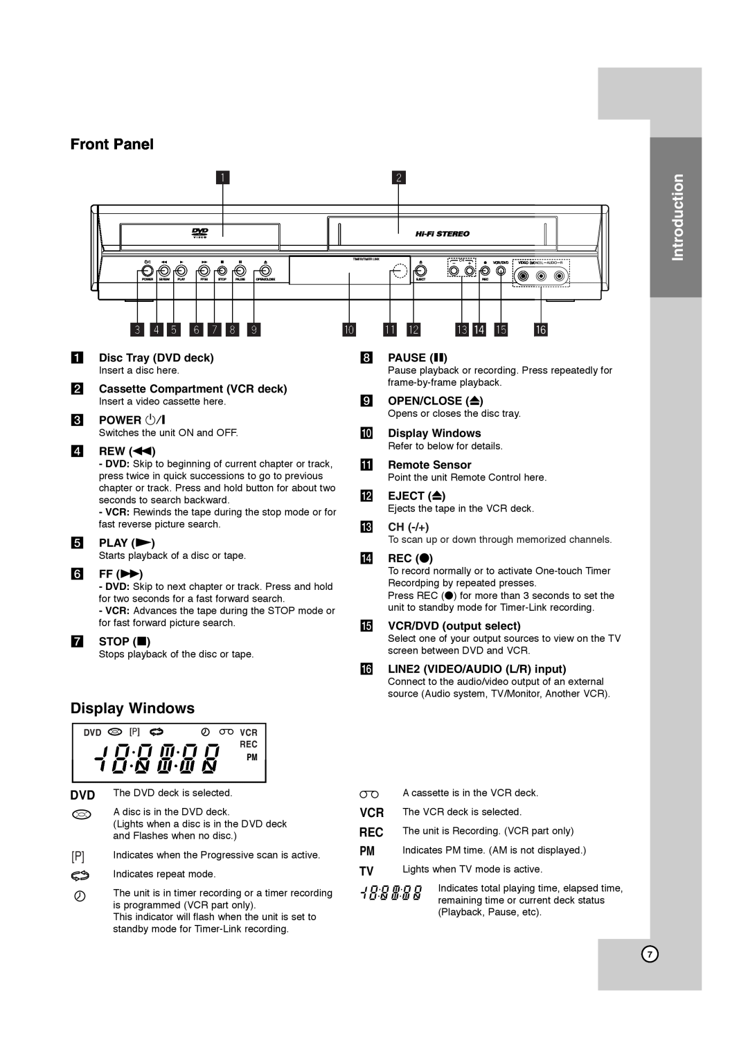 JVC HR-XVC40B manual Front Panel, Display Windows, a Disc Tray DVD deck, b Cassette Compartment VCR deck, c POWER, d REW m 