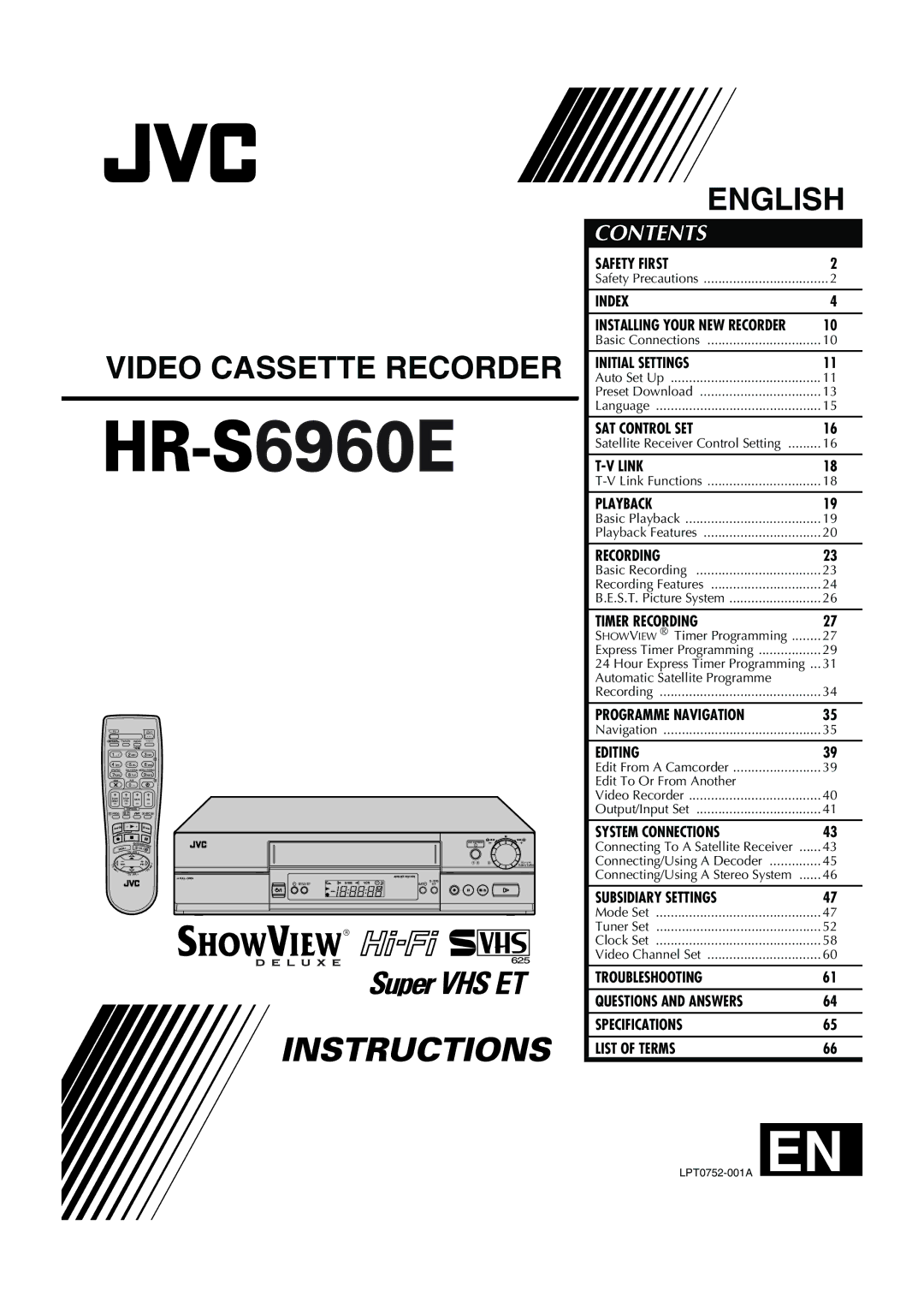 JVC HRS6960E specifications Video Cassette Recorder 