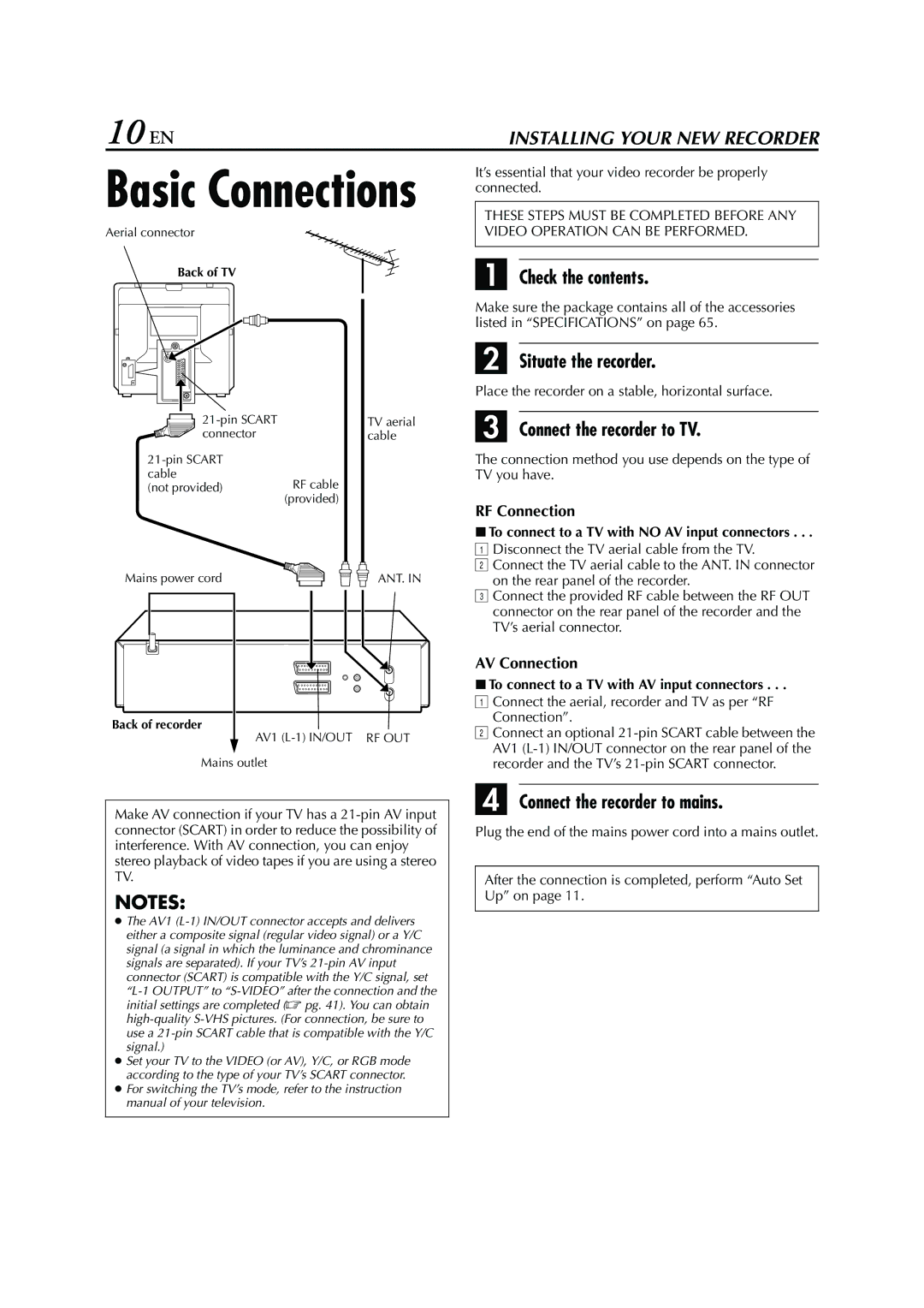 JVC HRS6960E 10 EN, Check the contents, Situate the recorder, Connect the recorder to TV, Connect the recorder to mains 