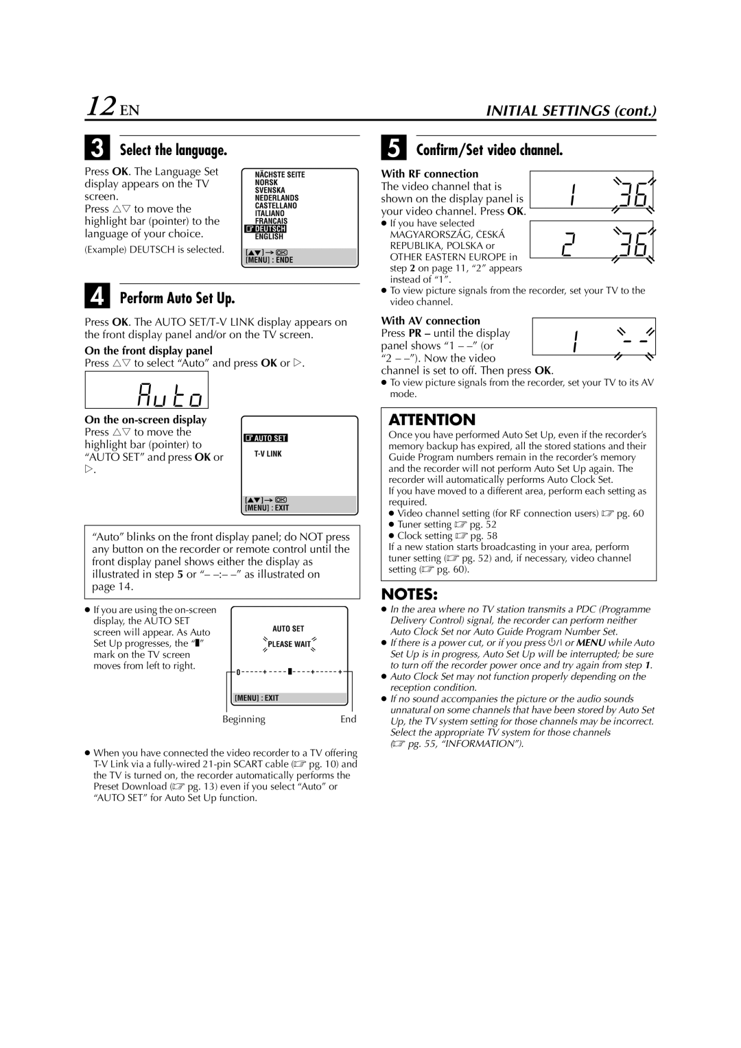 JVC HRS6960E specifications 12 EN, Select the language, Perform Auto Set Up, Confirm/Set video channel 