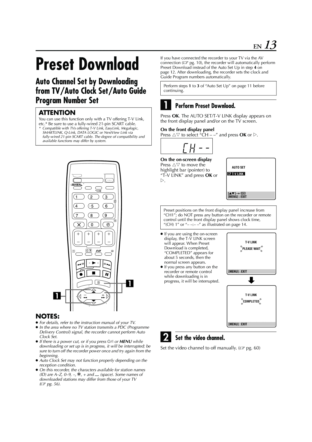 JVC HRS6960E specifications Perform Preset Download, Set the video channel, Press rt to select CH - and press OK or e 