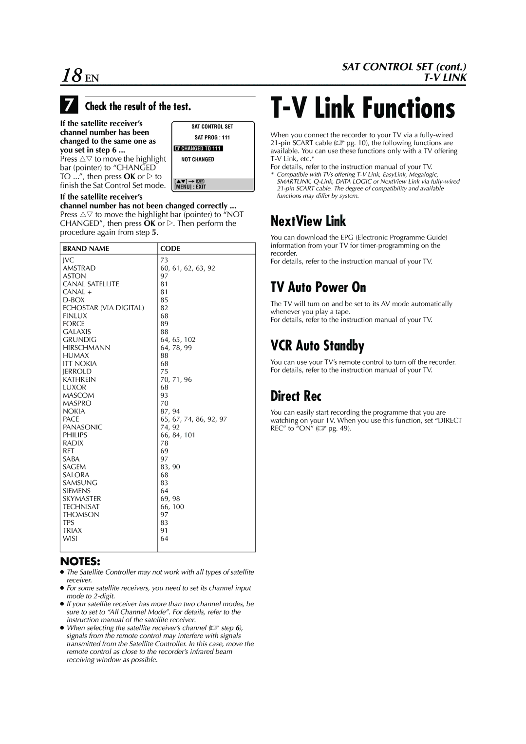 JVC HRS6960E 18 EN, NextView Link, TV Auto Power On, VCR Auto Standby Direct Rec, Check the result of the test 