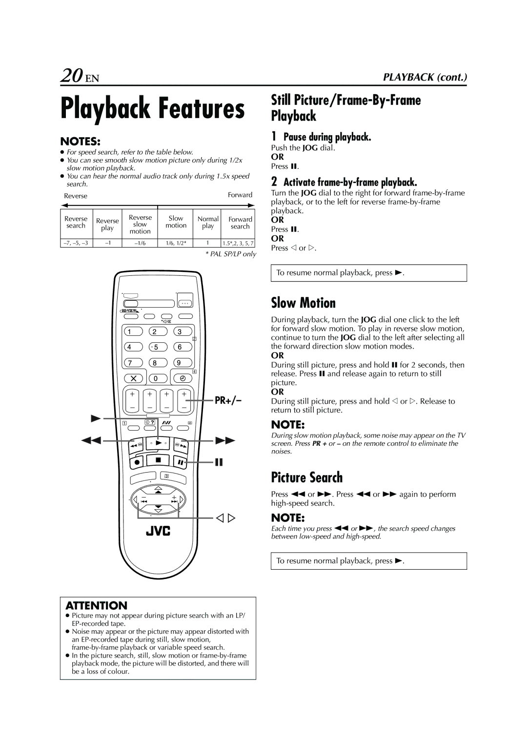 JVC HRS6960E specifications 20 EN, Slow Motion, Picture Search, Pause during playback, Activate frame-by-frame playback 