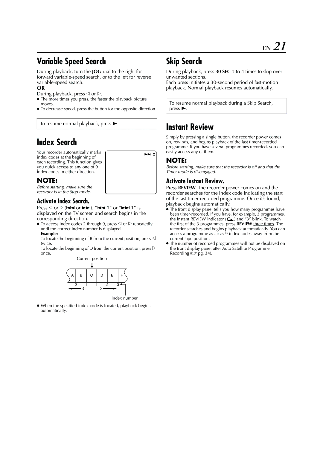 JVC HRS6960E specifications Variable Speed Search, Index Search, Skip Search, Instant Review 