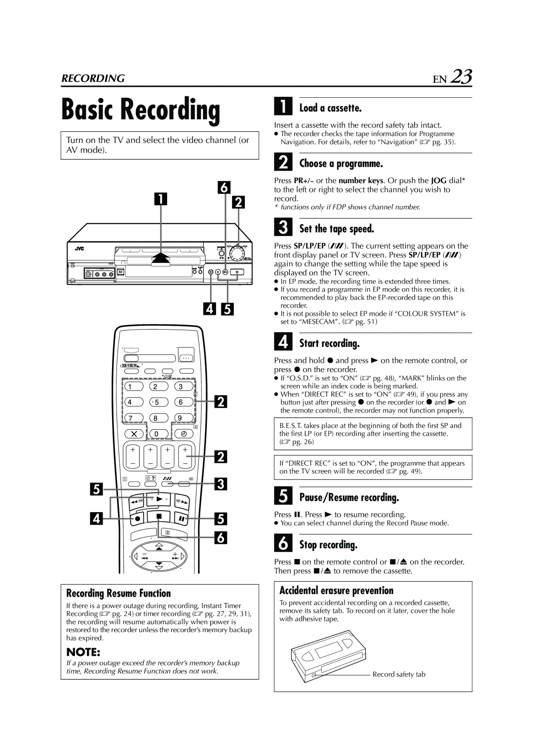 JVC HRS6960E Recording Resume Function, Choose a programme, Set the tape speed, Start recording, Pause/Resume recording 