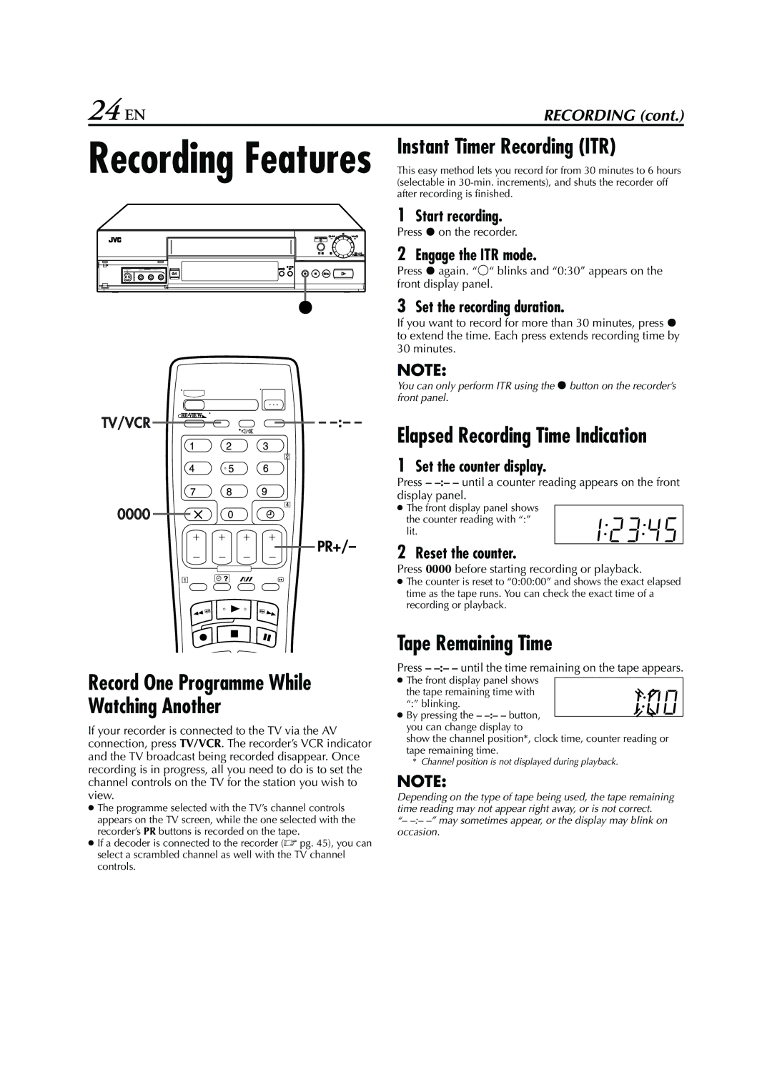 JVC HRS6960E specifications 24 EN, Instant Timer Recording ITR, Tape Remaining Time 