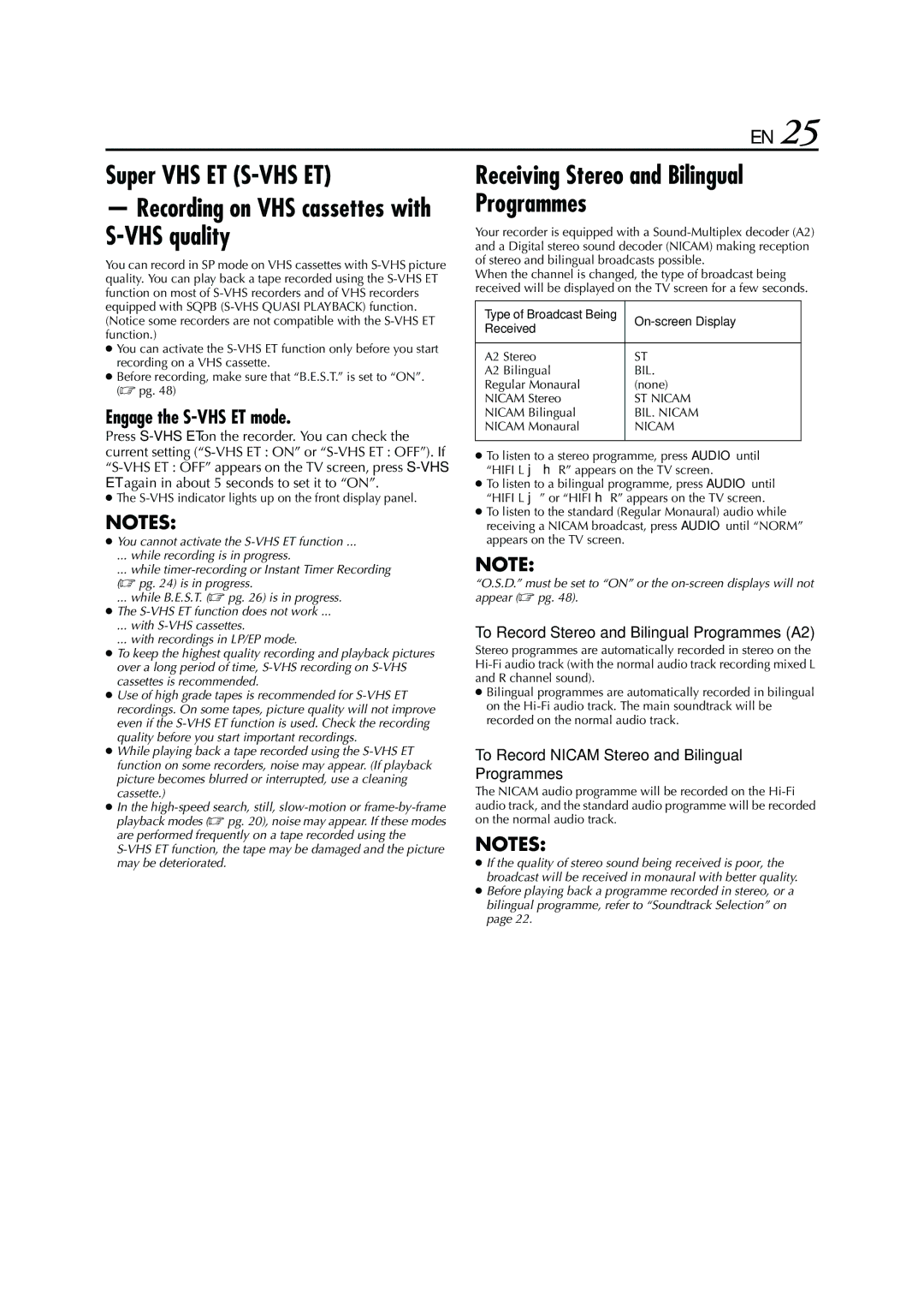 JVC HRS6960E specifications Super VHS ET S-VHS ET, Receiving Stereo and Bilingual Programmes, Engage the S-VHS ET mode 