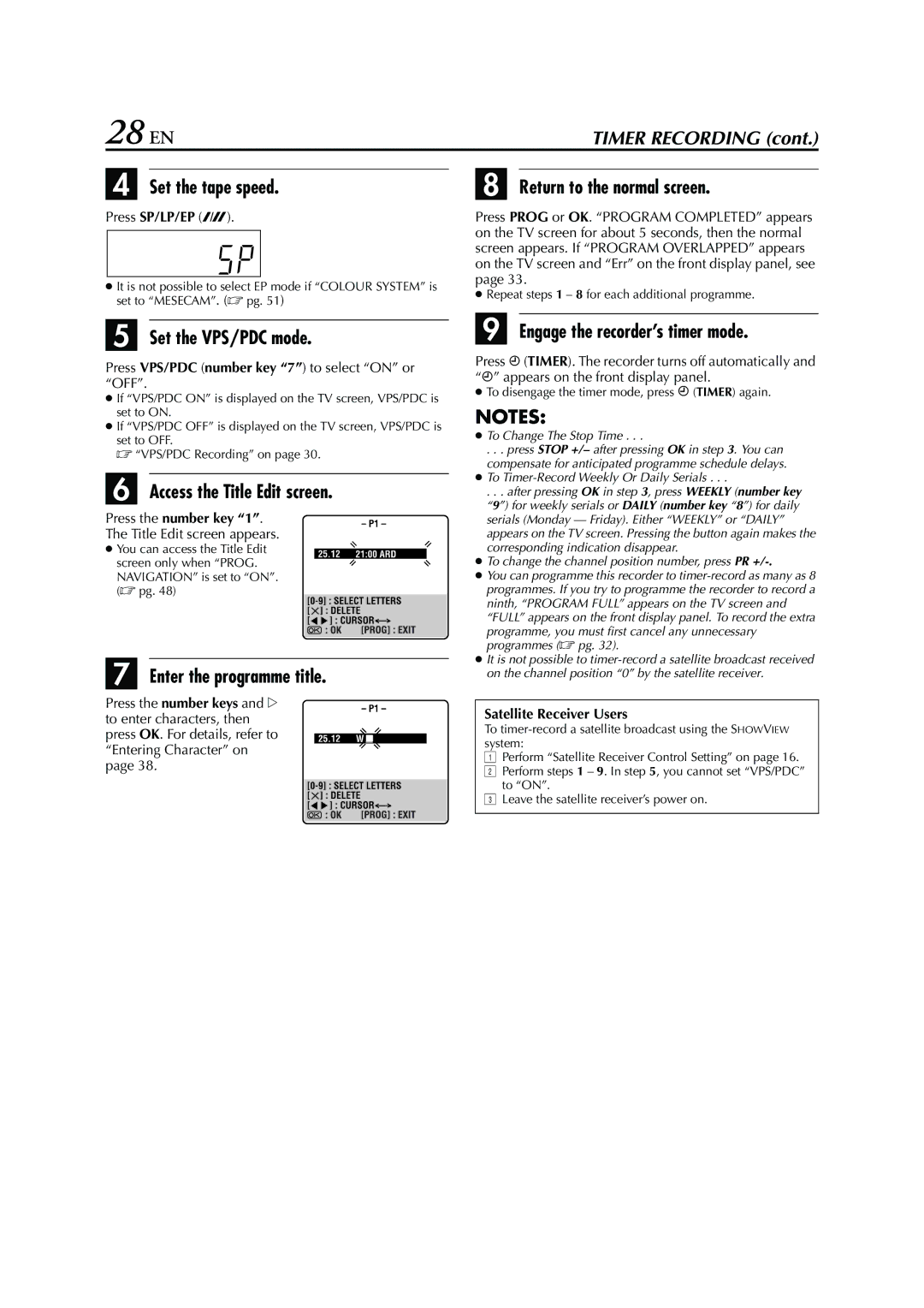 JVC HRS6960E specifications 28 EN, Set the VPS/PDC mode, Access the Title Edit screen, Enter the programme title 