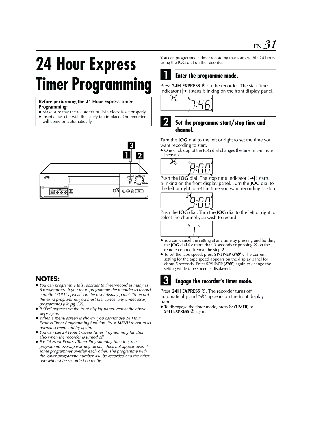 JVC HRS6960E specifications Enter the programme mode, Set the programme start/stop time and channel 