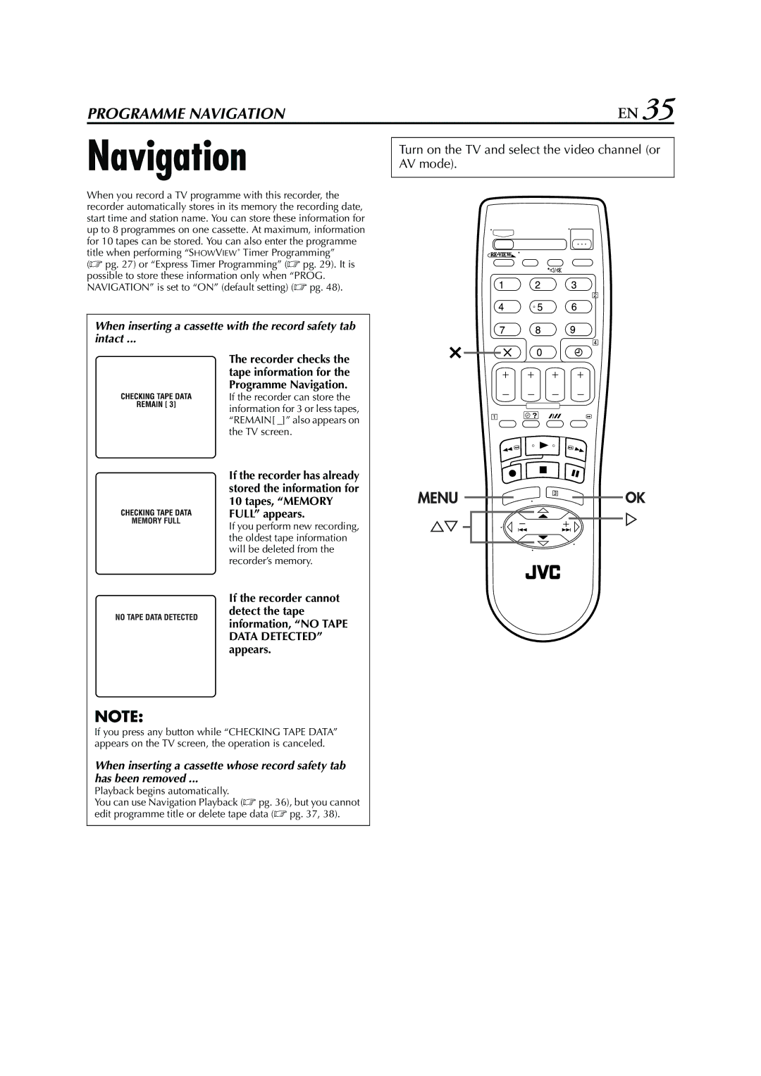 JVC HRS6960E specifications Navigation, When inserting a cassette with the record safety tab Intact 