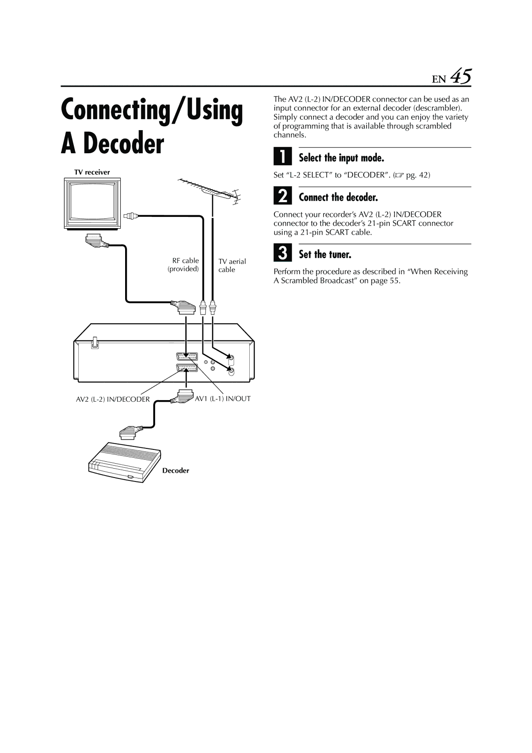 JVC HRS6960E specifications Select the input mode, Connect the decoder, Set the tuner, Set L-2 Select to DECODER.  pg 