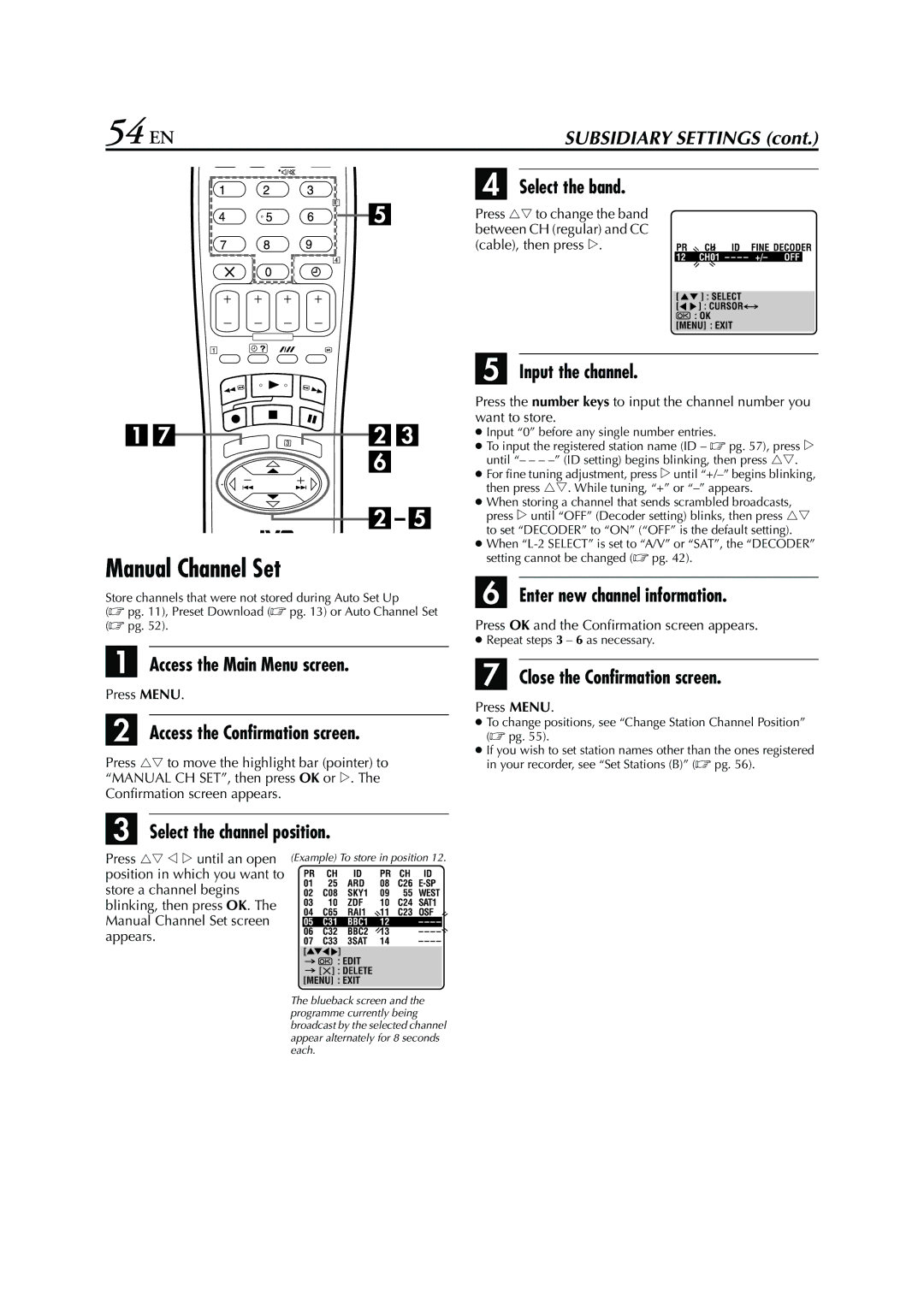 JVC HRS6960E specifications 54 EN, Manual Channel Set 