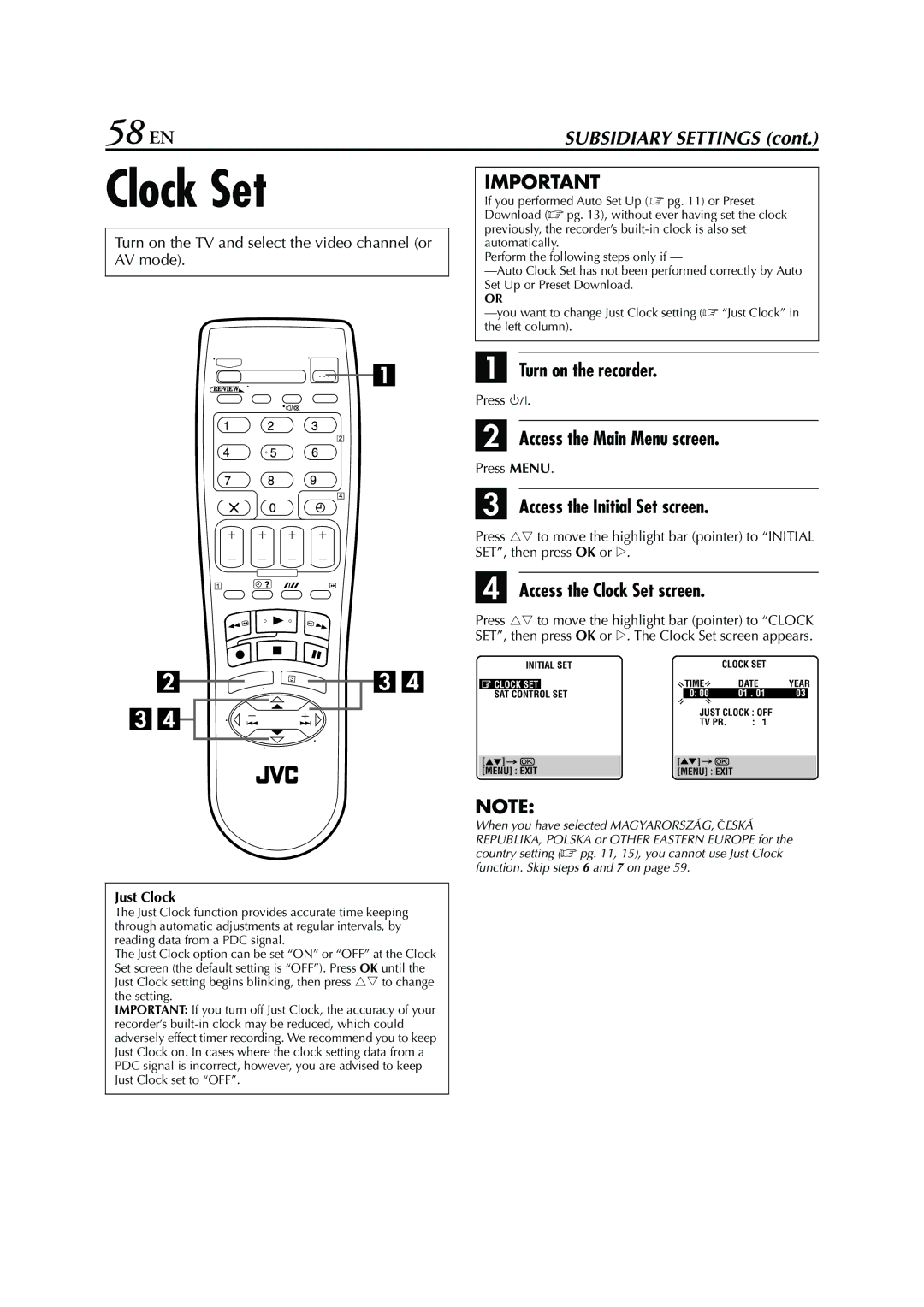 JVC HRS6960E specifications 58 EN, Access the Clock Set screen 