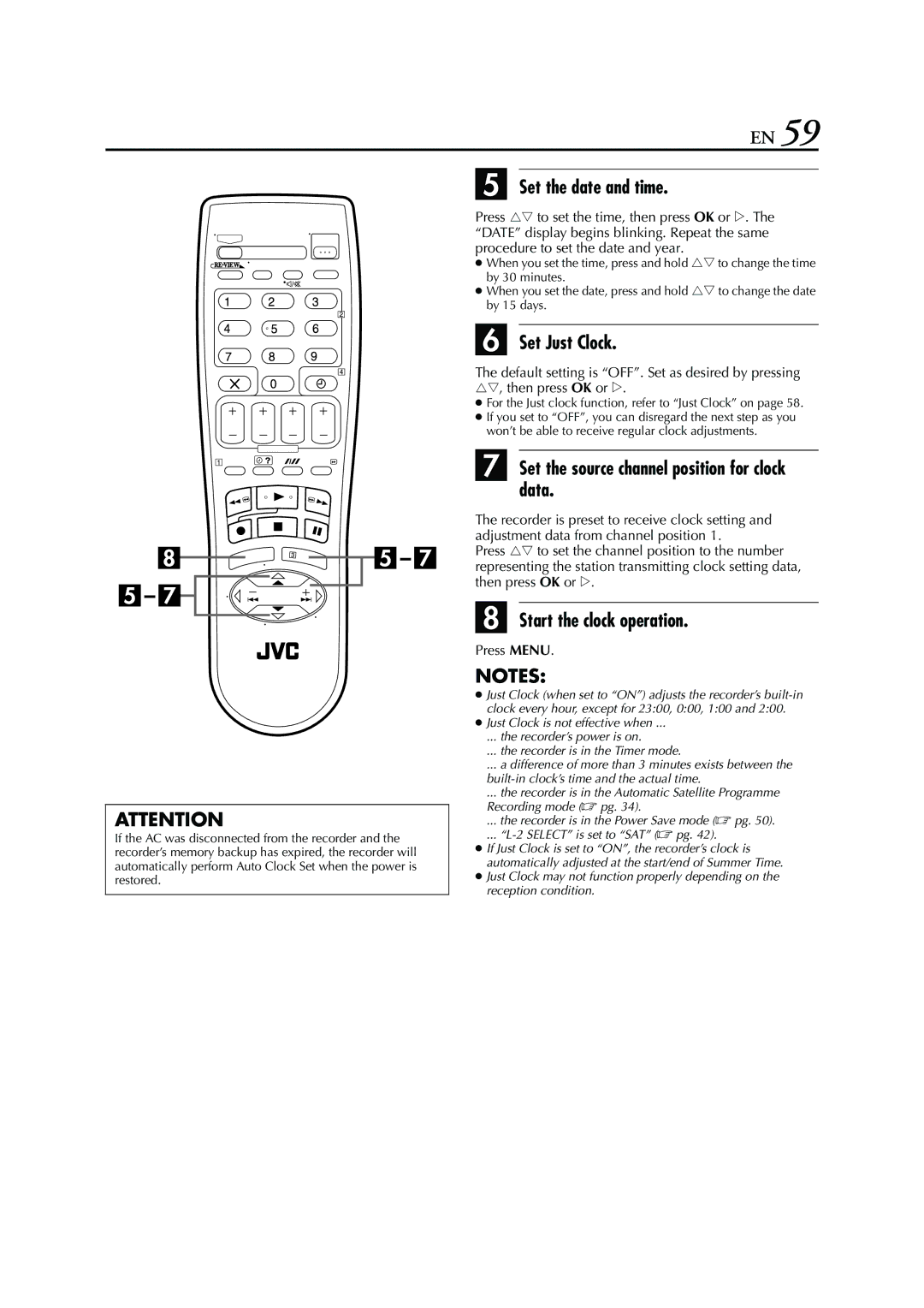 JVC HRS6960E specifications Set the date and time, Set Just Clock, Set the source channel position for clock data 